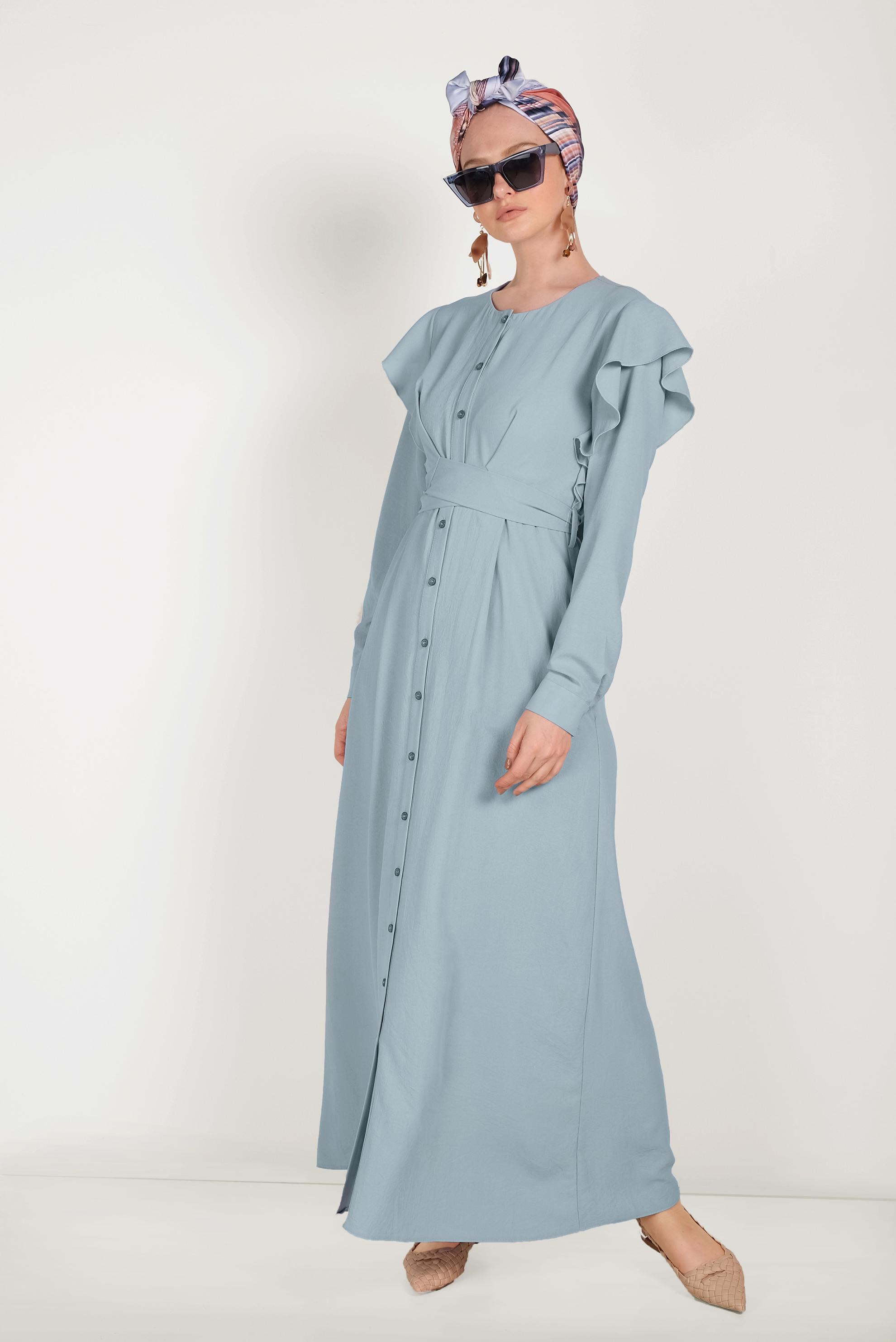 Tesettür giyim MAVİ VOLANLI ELBİSE 40543 