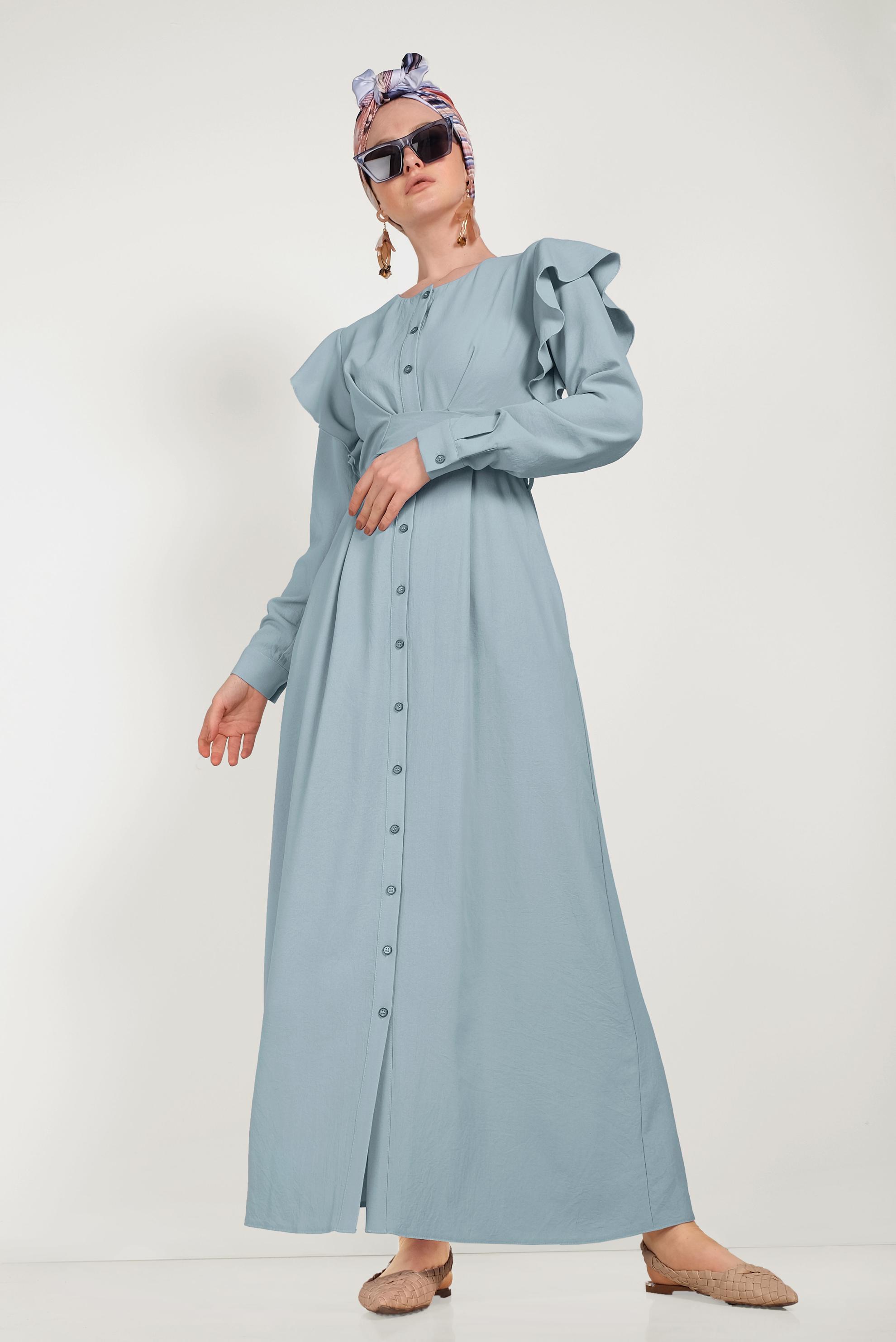 Tesettür giyim MAVİ VOLANLI ELBİSE 40543 