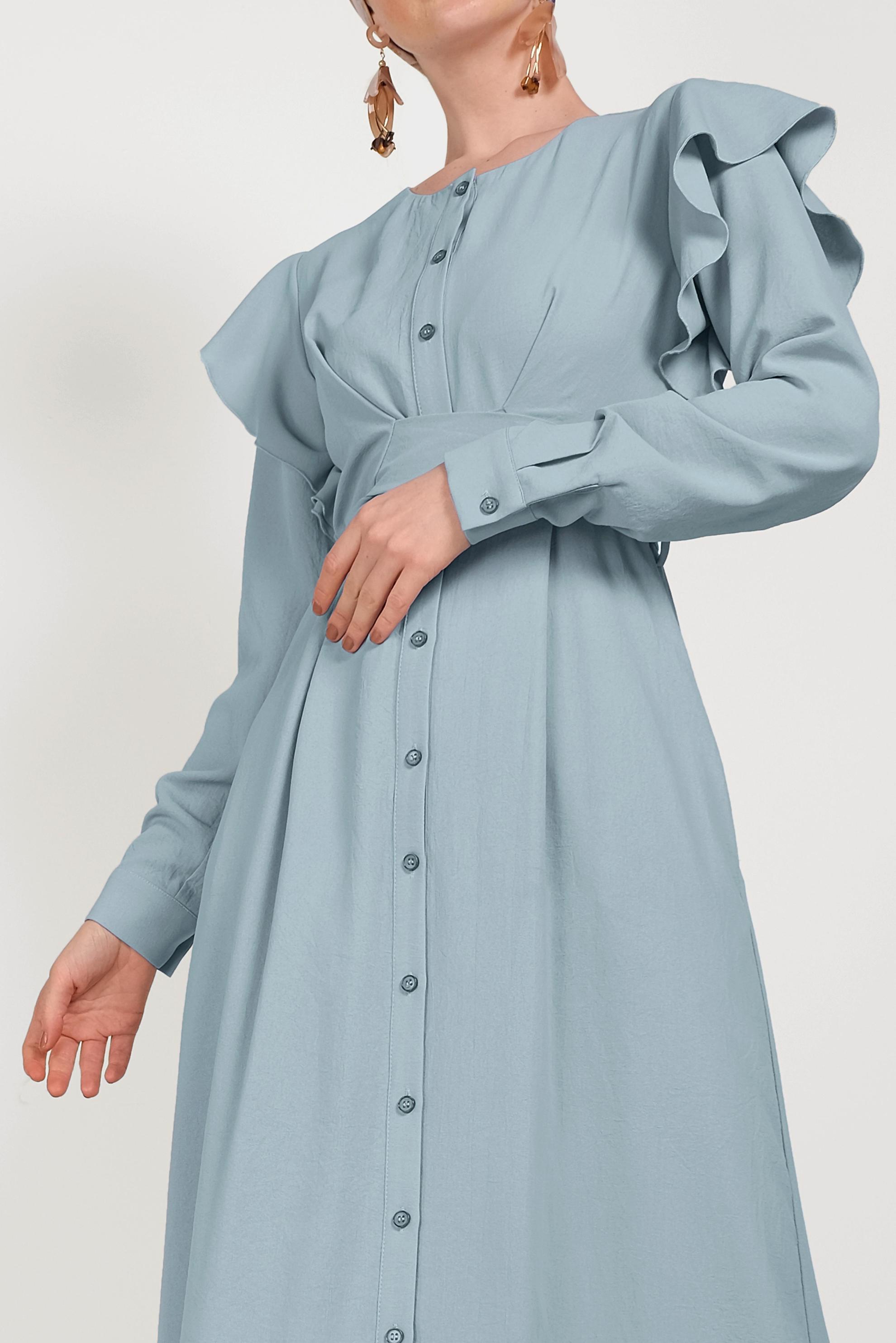 Tesettür giyim MAVİ VOLANLI ELBİSE 40543 