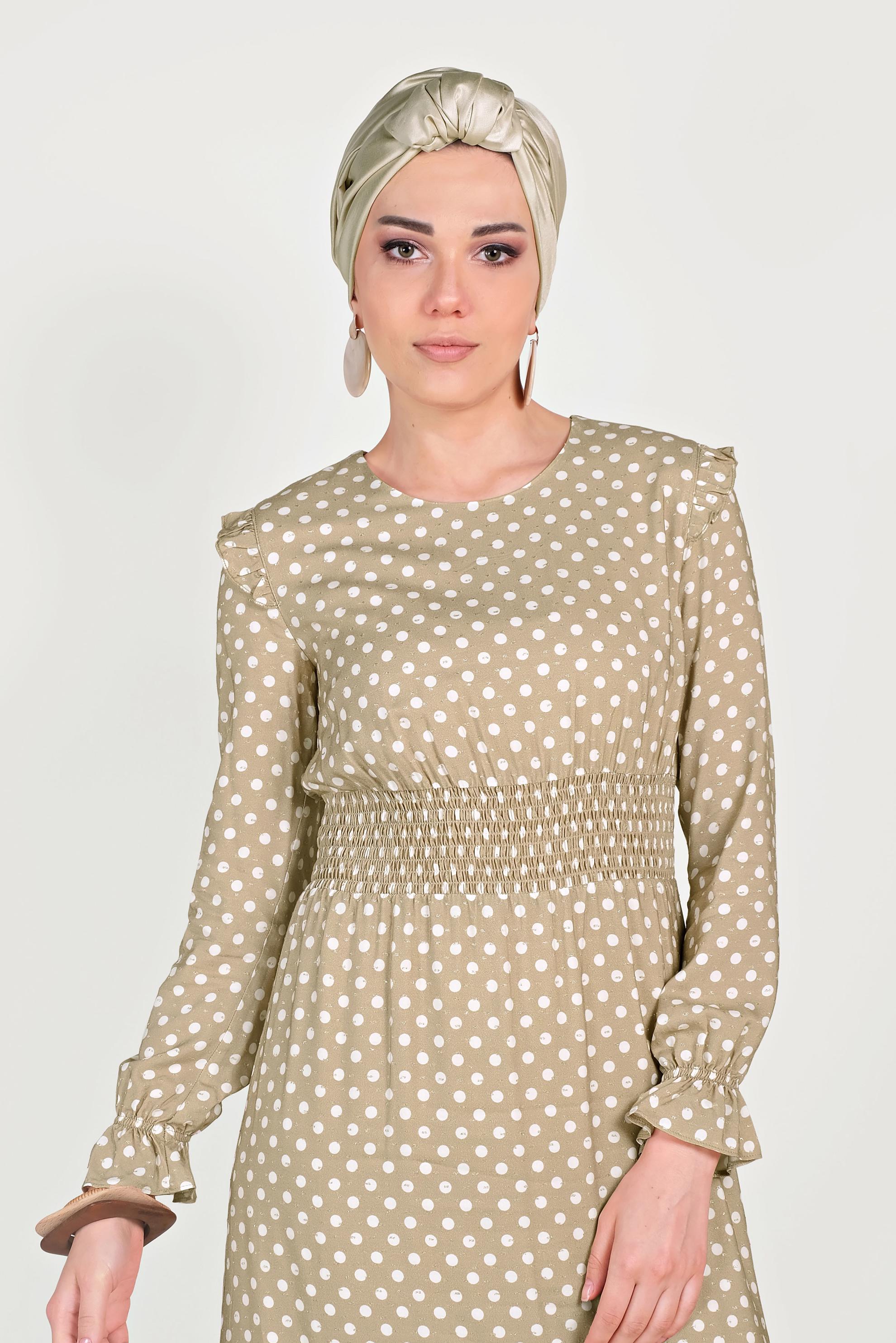 Tesettür giyim KAHVE BEL KISMI LASTİKLİ PUANTİYELİ ELBİSE 40544