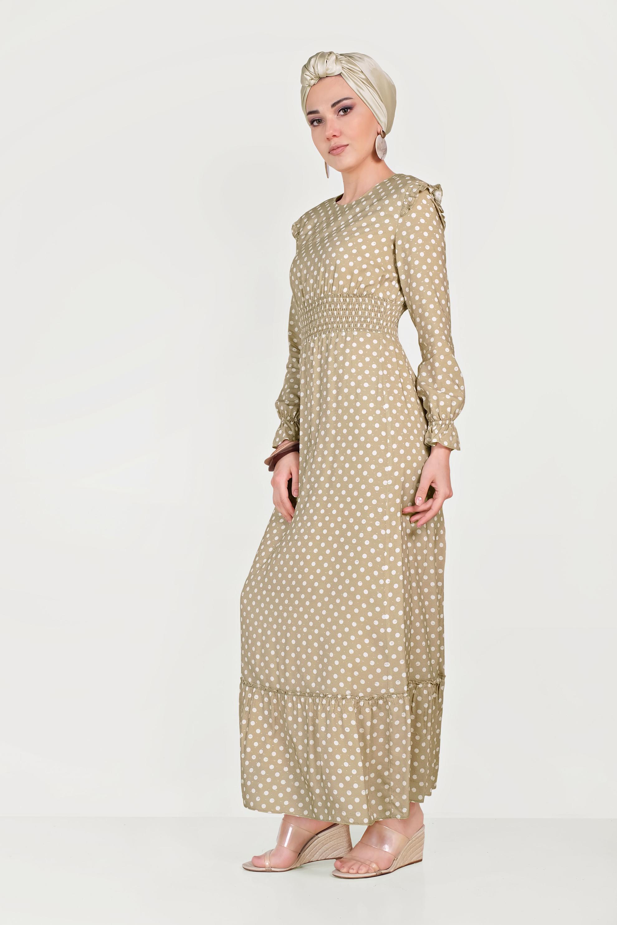 Tesettür giyim KAHVE BEL KISMI LASTİKLİ PUANTİYELİ ELBİSE 40544