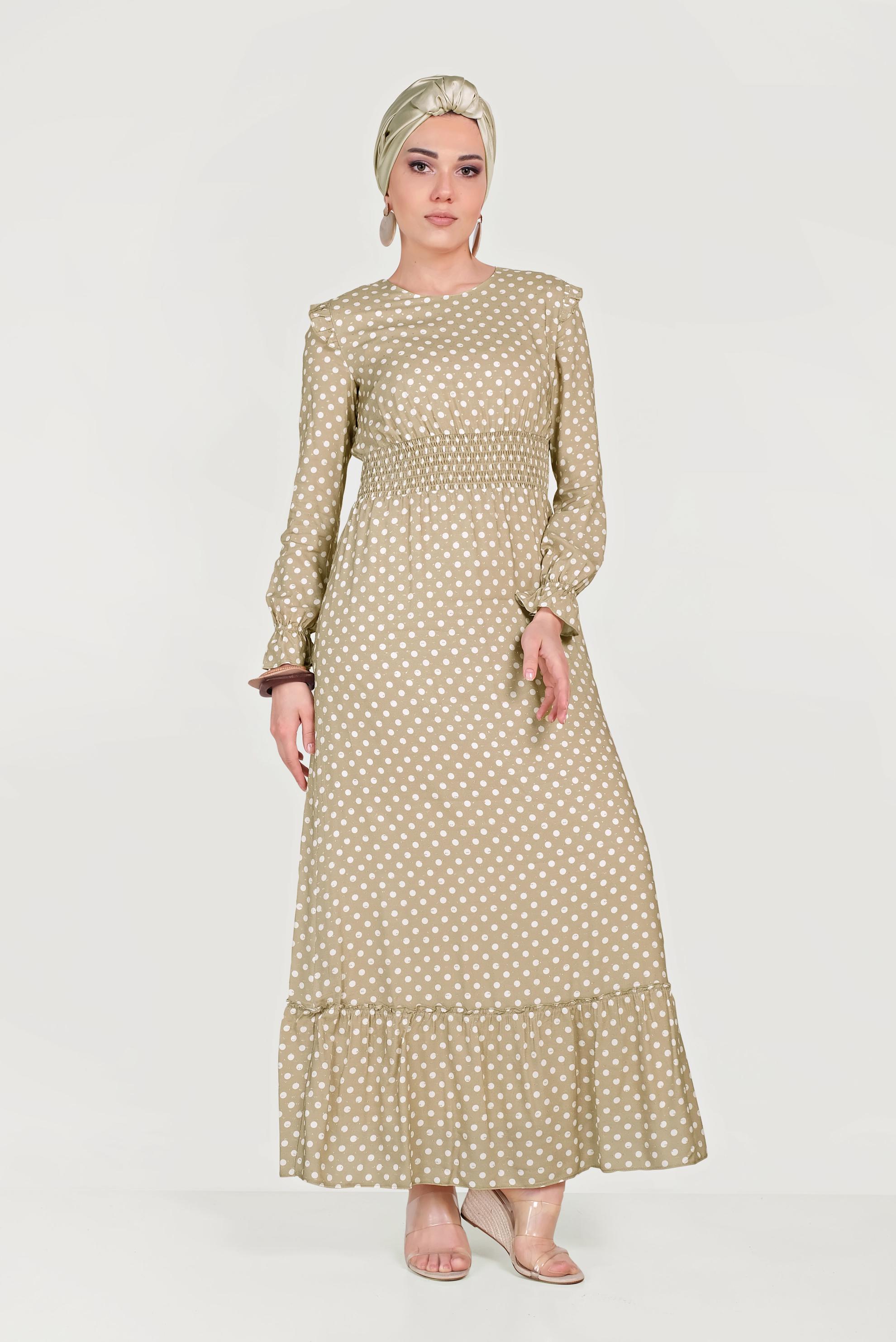 Tesettür giyim KAHVE BEL KISMI LASTİKLİ PUANTİYELİ ELBİSE 40544