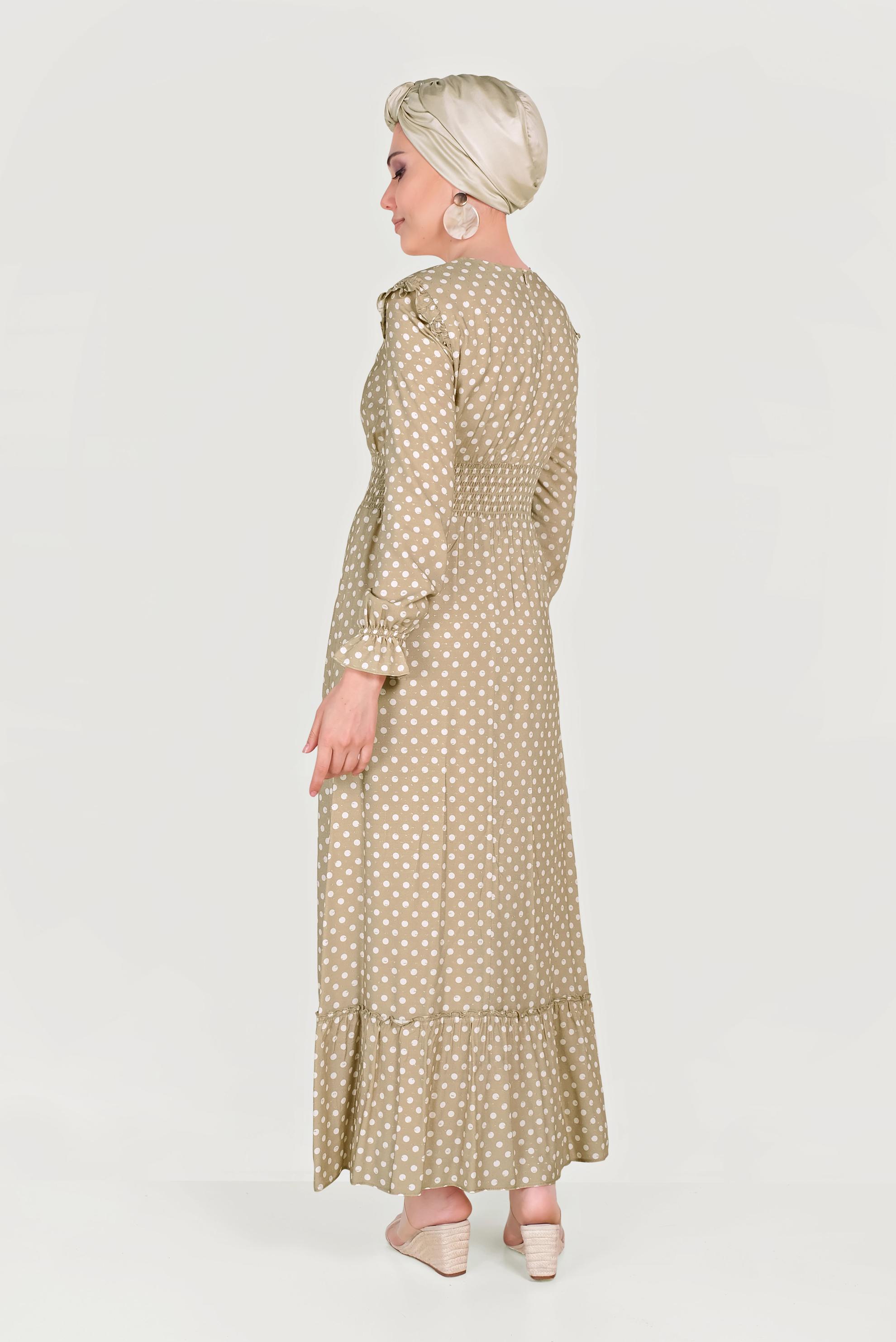 Tesettür giyim KAHVE BEL KISMI LASTİKLİ PUANTİYELİ ELBİSE 40544