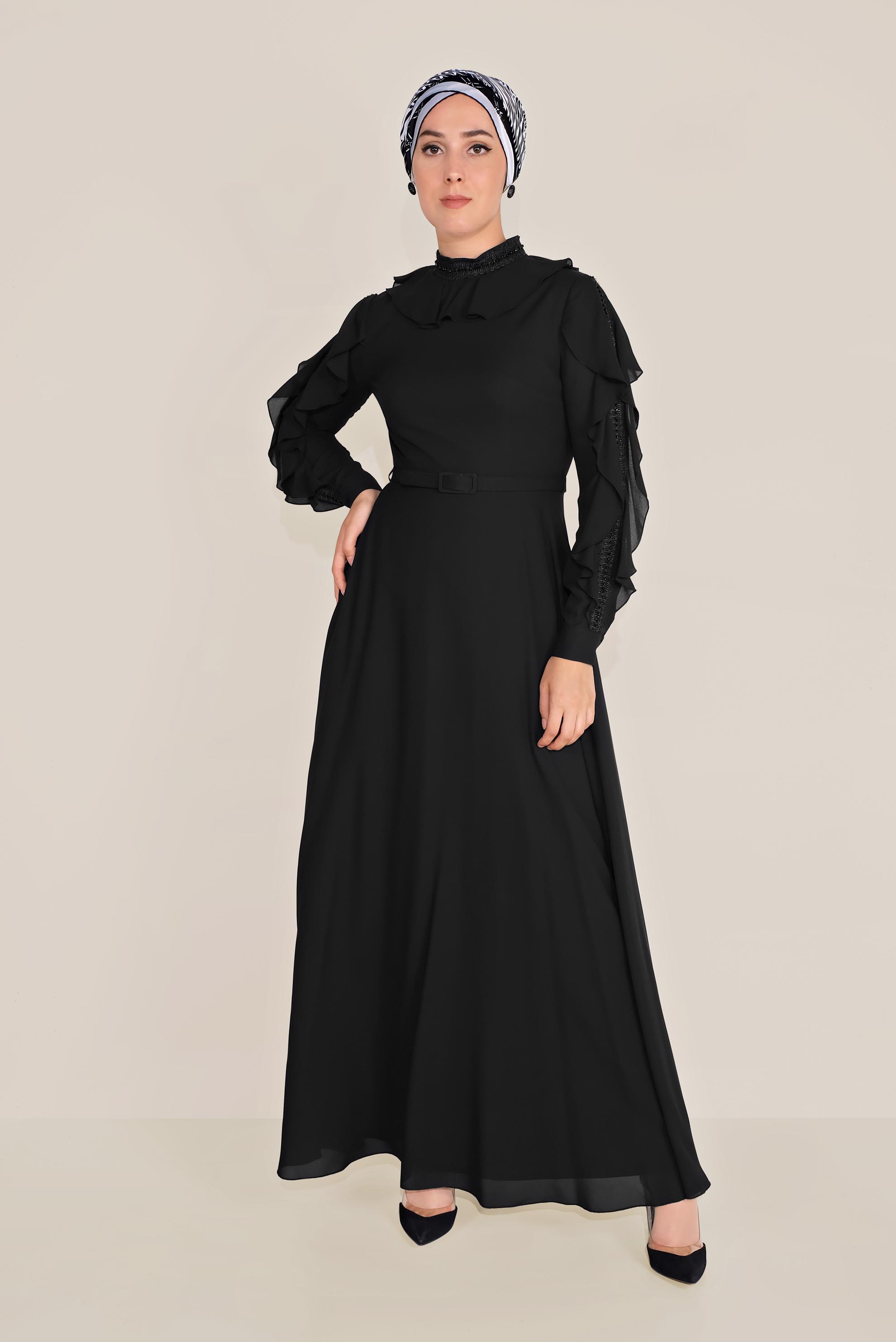 Tesettür giyim SİYAH FIRFIRLI BONCUK İŞLEME DETAYLI ELBİSE 40546