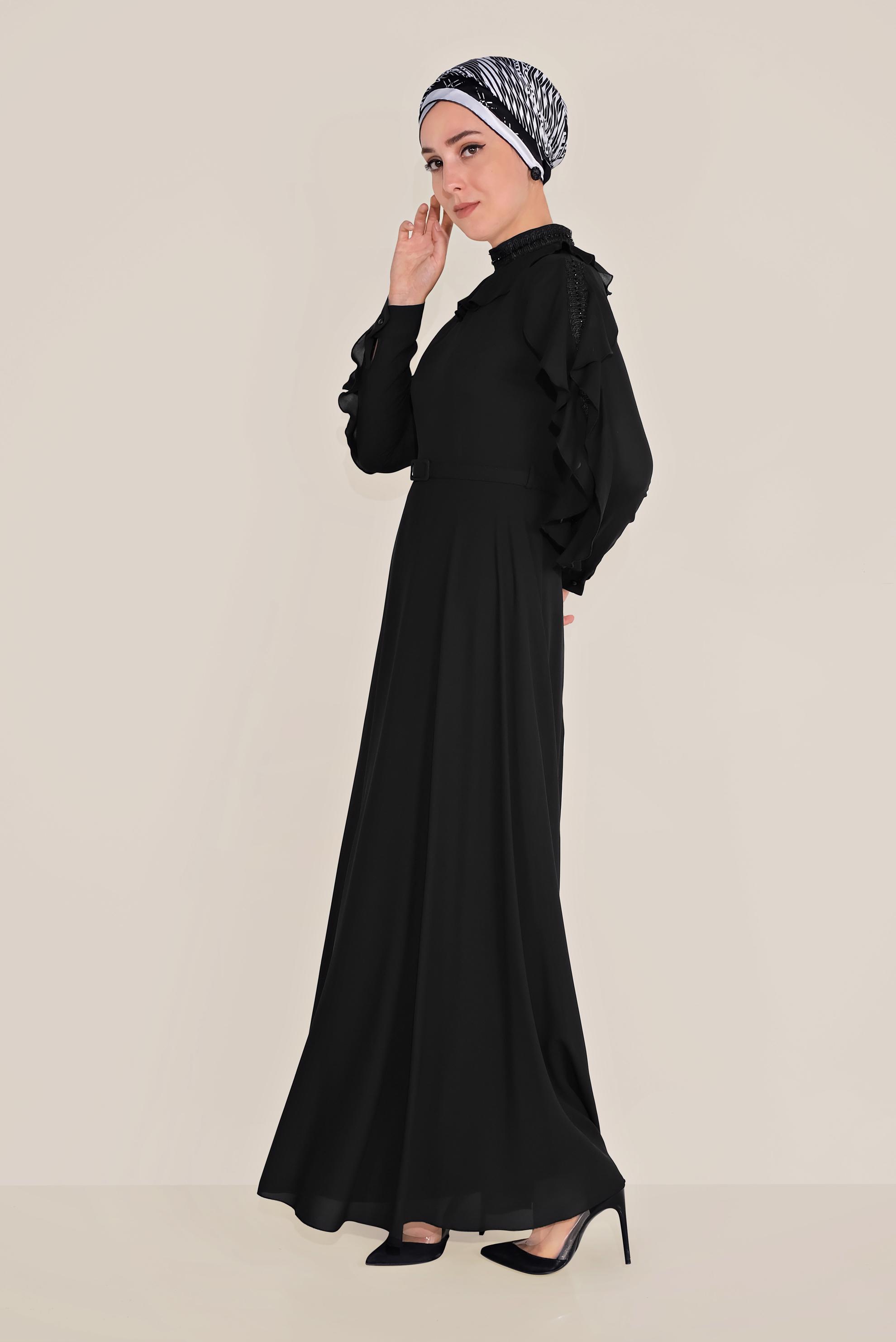 Tesettür giyim SİYAH FIRFIRLI BONCUK İŞLEME DETAYLI ELBİSE 40546