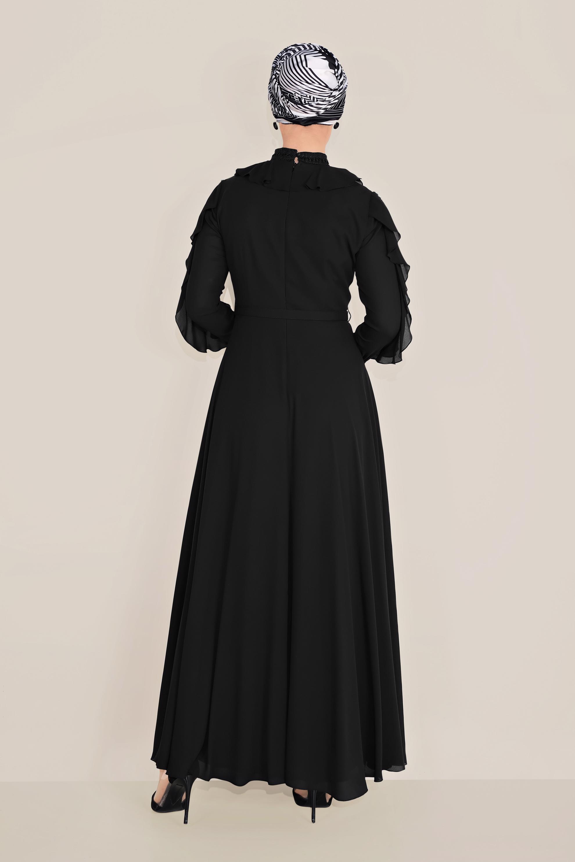 Tesettür giyim SİYAH FIRFIRLI BONCUK İŞLEME DETAYLI ELBİSE 40546