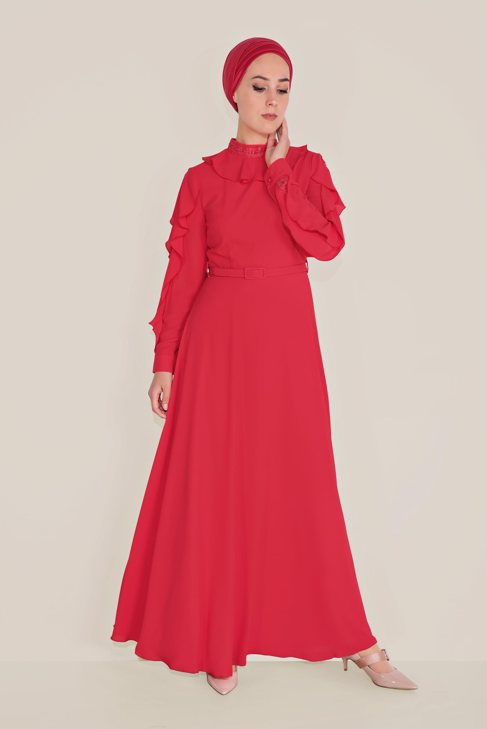Tesettür giyim KIRMIZI FIRFIRLI BONCUK İŞLEME DETAYLI ELBİSE 40546