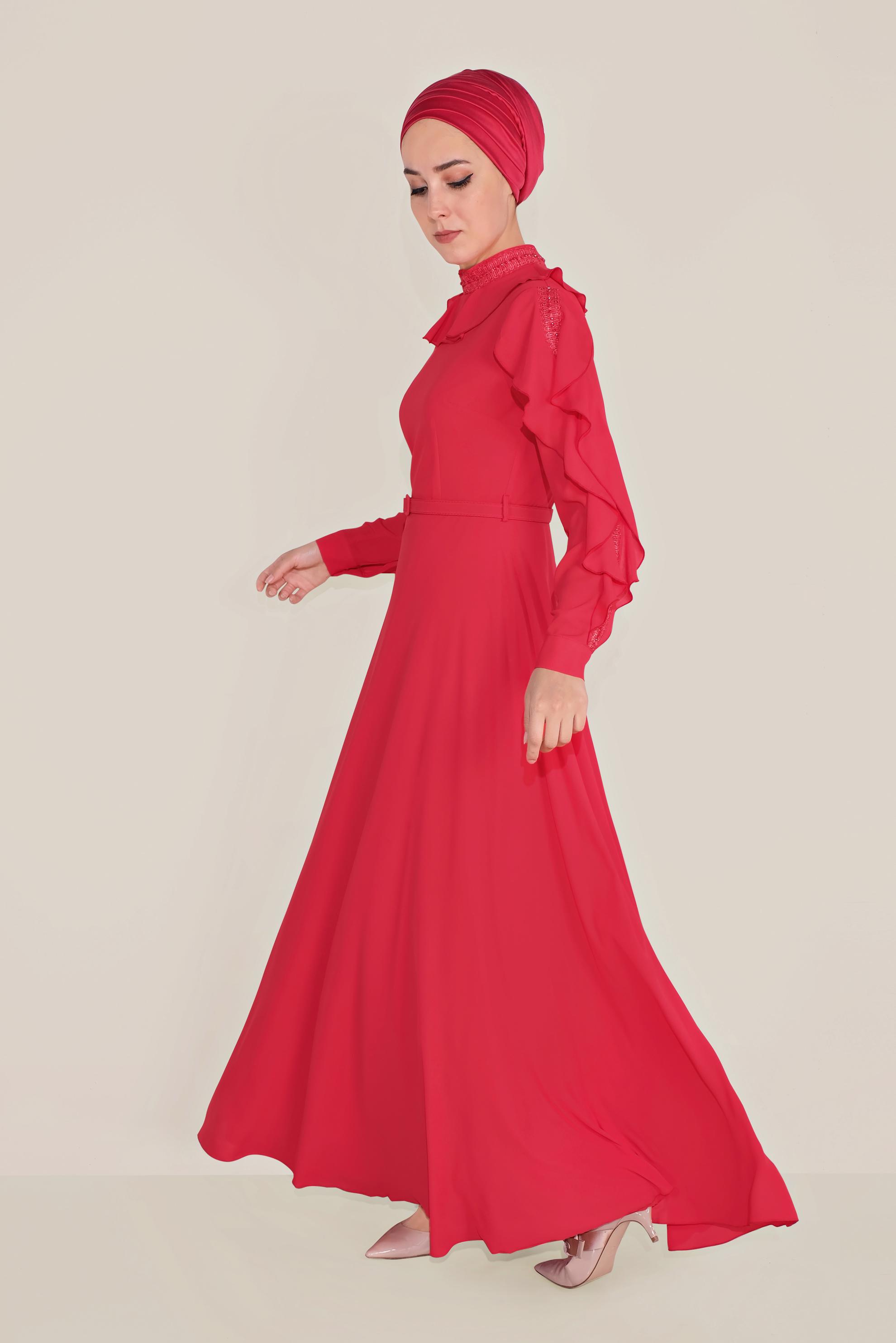 Tesettür giyim KIRMIZI FIRFIRLI BONCUK İŞLEME DETAYLI ELBİSE 40546