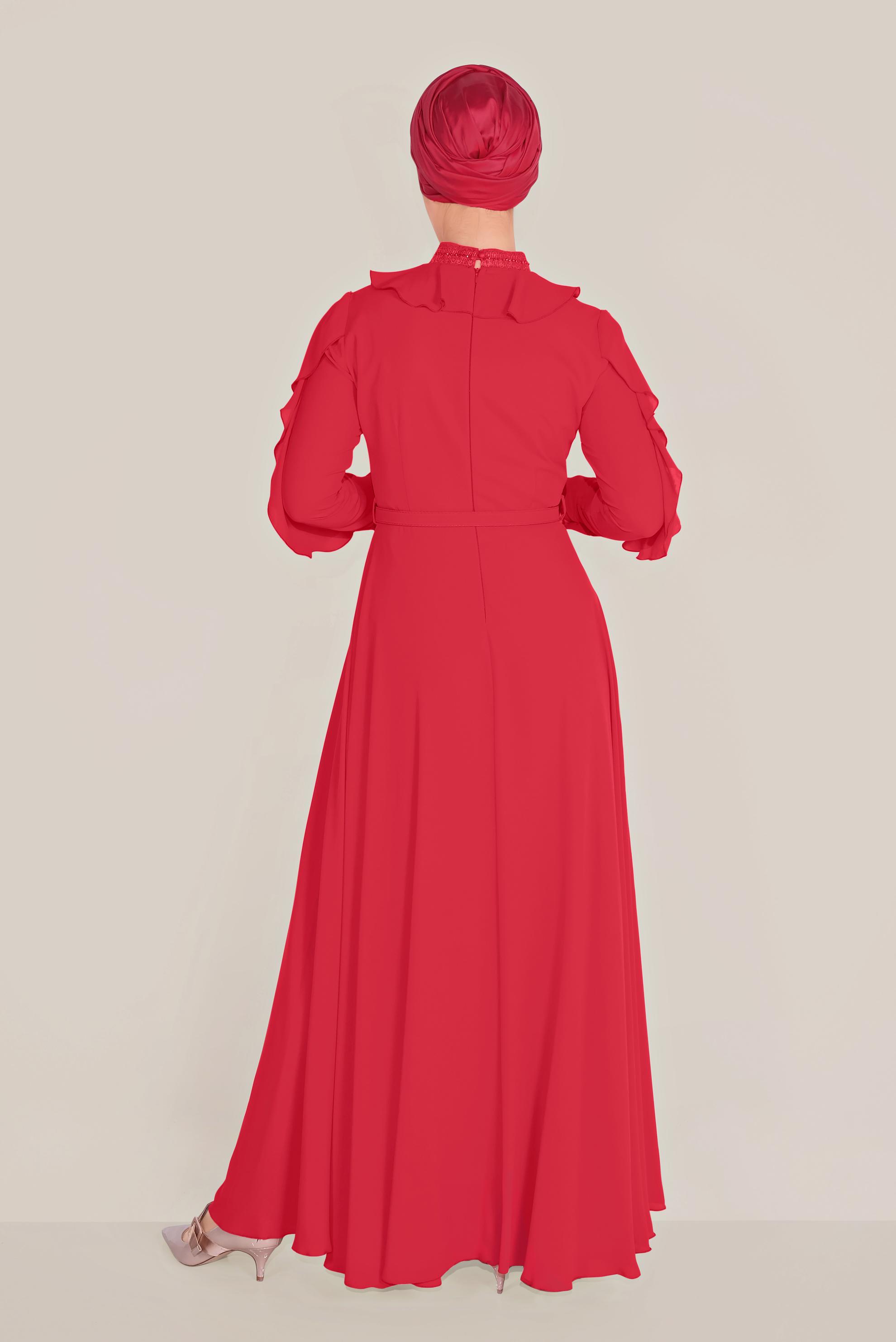 Tesettür giyim KIRMIZI FIRFIRLI BONCUK İŞLEME DETAYLI ELBİSE 40546