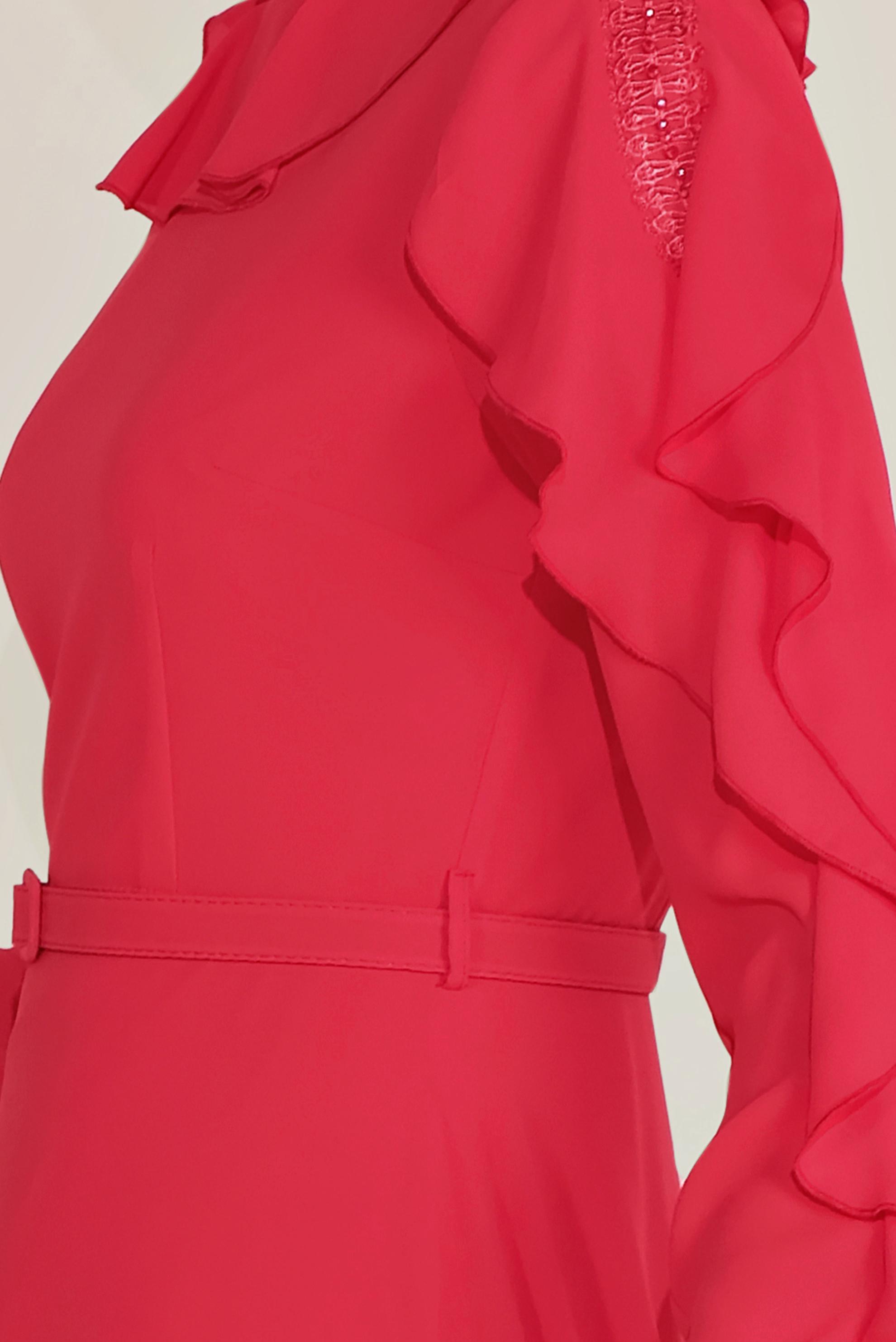 Tesettür giyim KIRMIZI FIRFIRLI BONCUK İŞLEME DETAYLI ELBİSE 40546