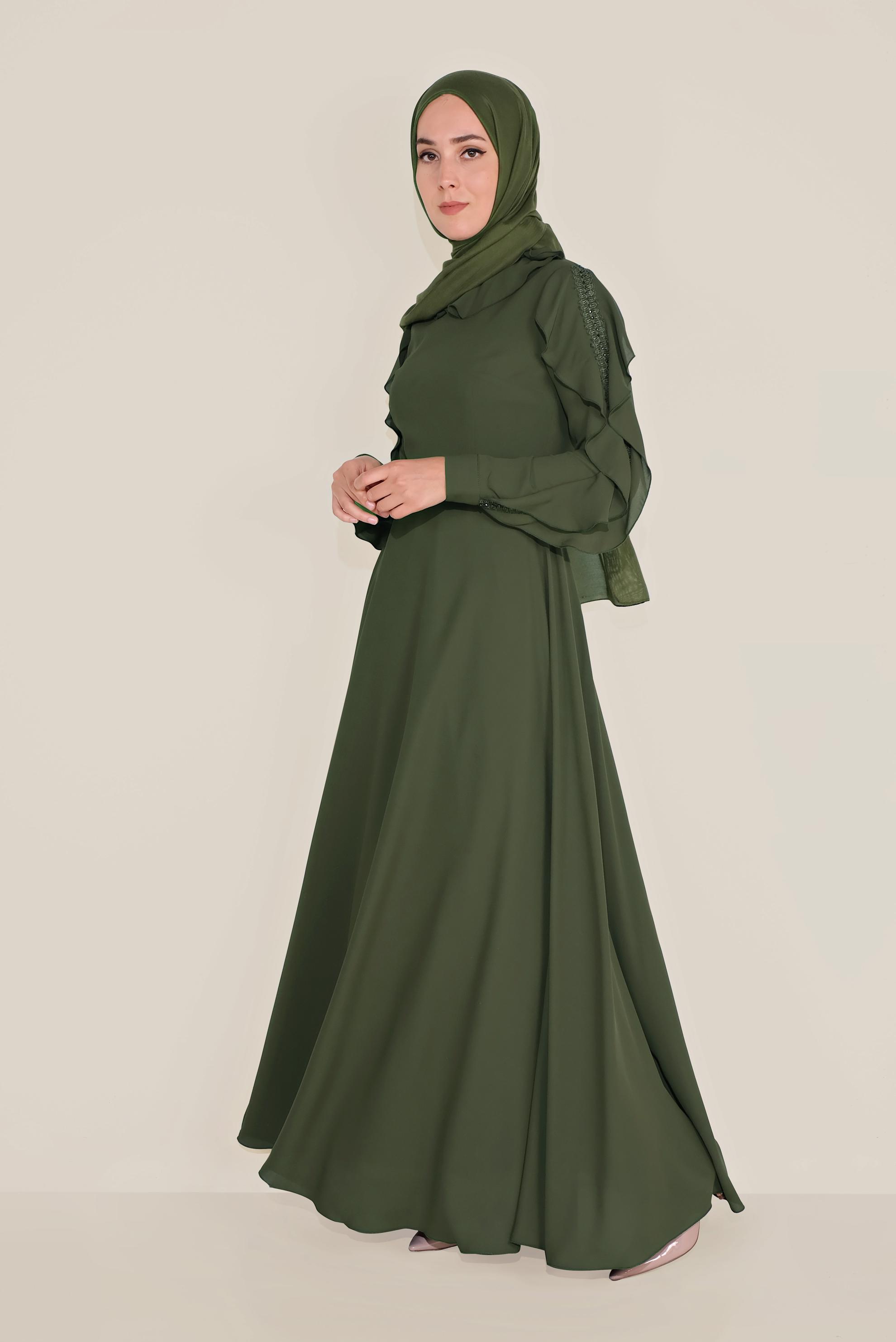 Tesettür giyim HAKİ FIRFIRLI BONCUK İŞLEME DETAYLI ELBİSE 40546