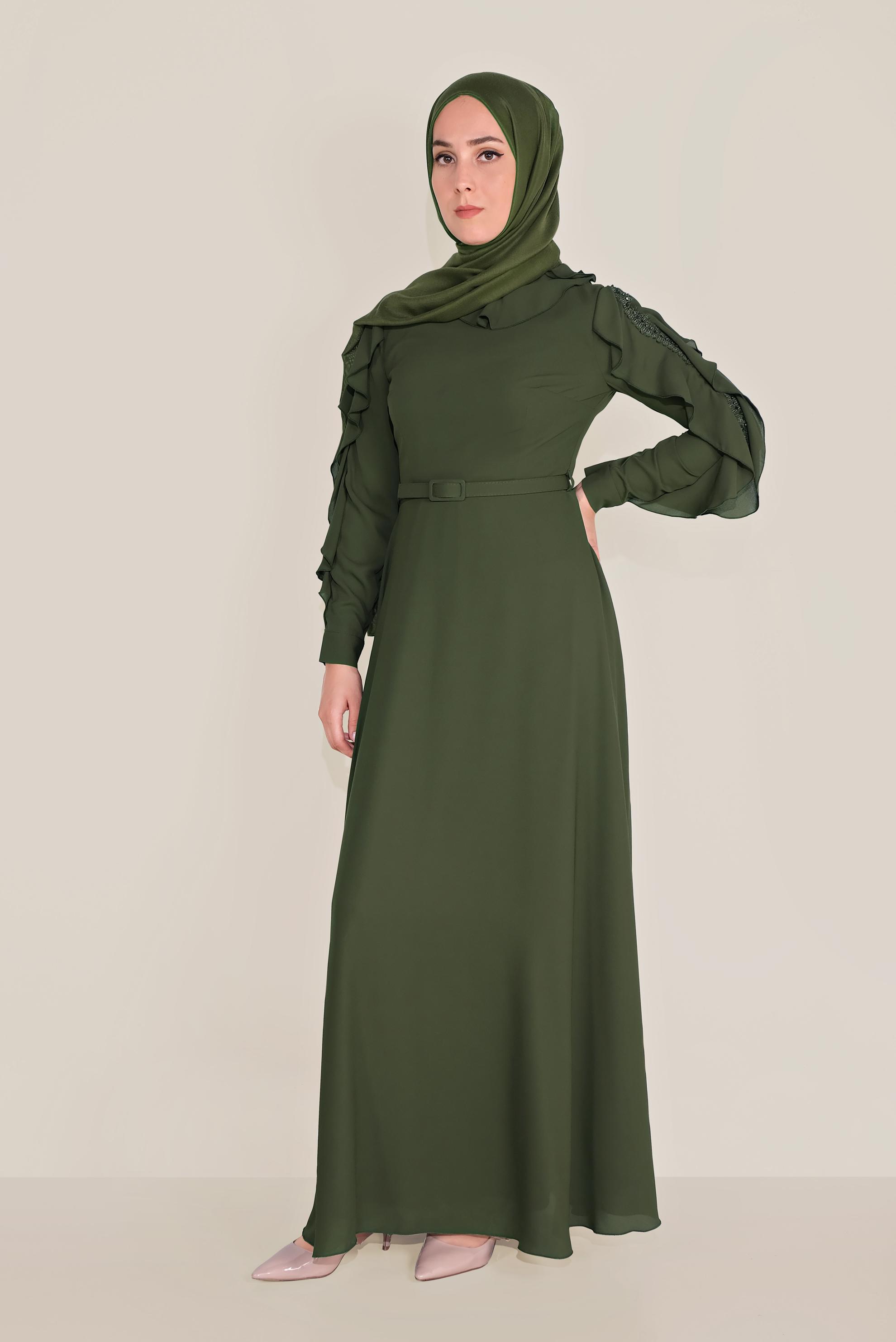 Tesettür giyim HAKİ FIRFIRLI BONCUK İŞLEME DETAYLI ELBİSE 40546