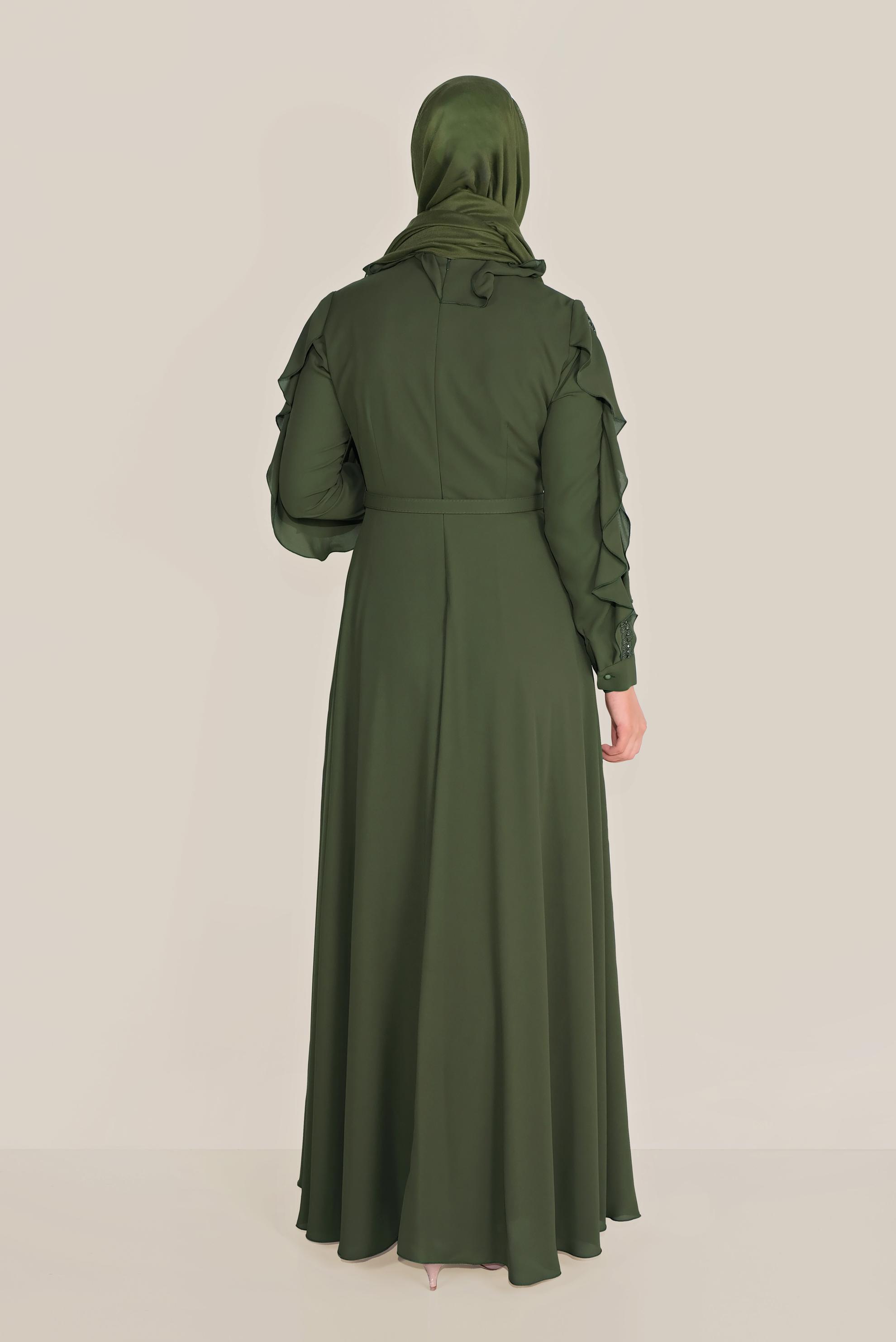 Tesettür giyim HAKİ FIRFIRLI BONCUK İŞLEME DETAYLI ELBİSE 40546