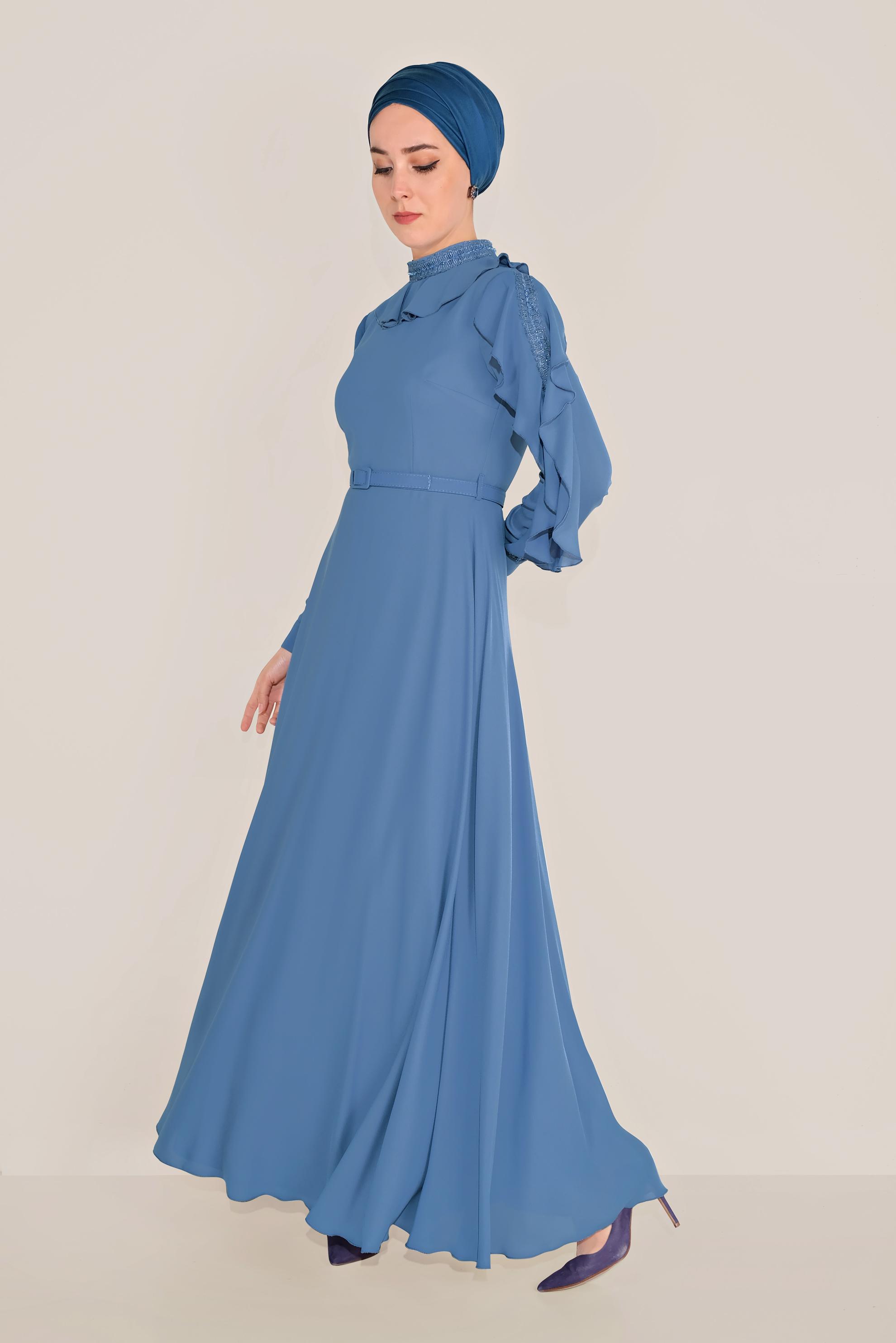 Tesettür giyim MAVİ FIRFIRLI BONCUK İŞLEME DETAYLI ELBİSE 40546