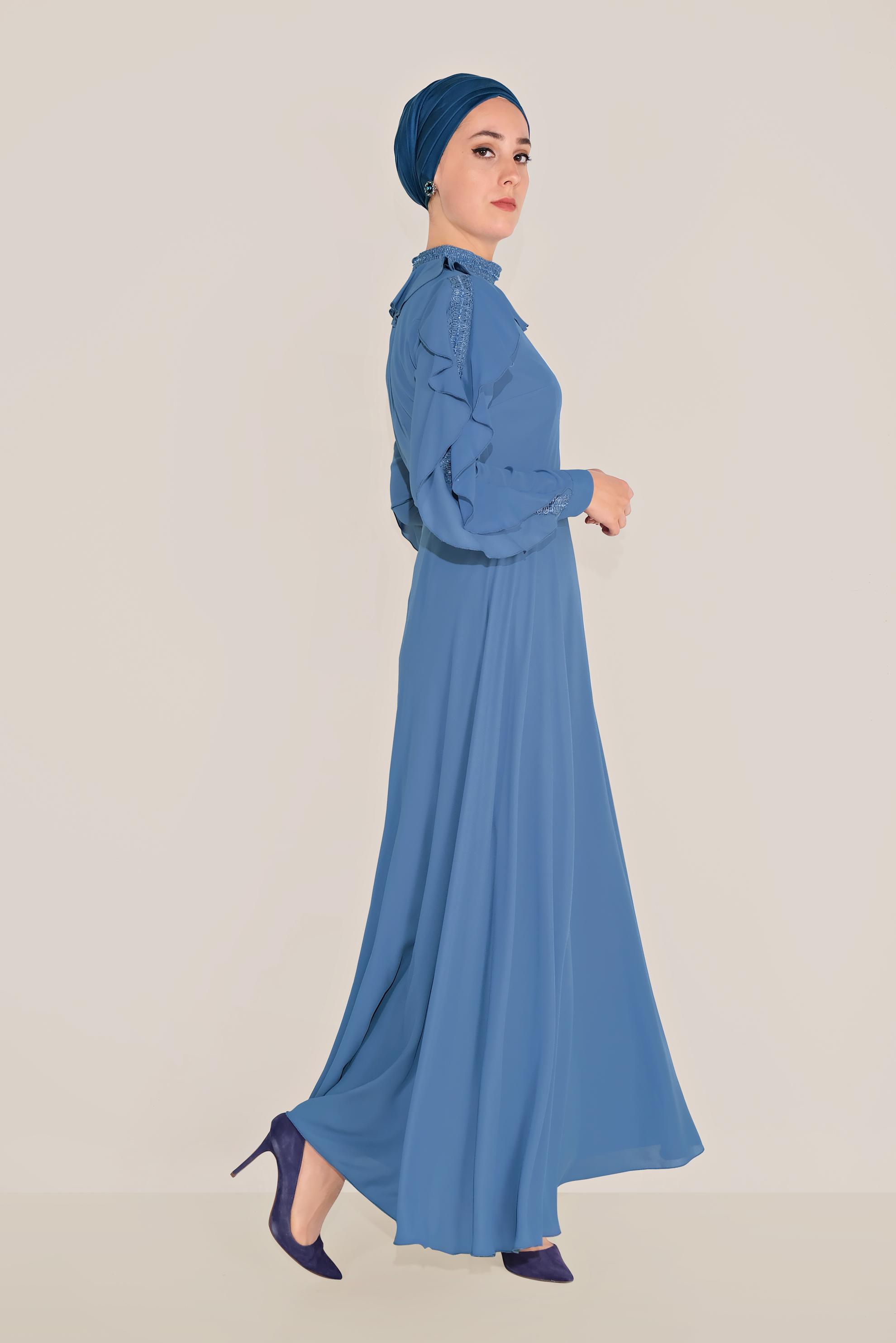 Tesettür giyim MAVİ FIRFIRLI BONCUK İŞLEME DETAYLI ELBİSE 40546