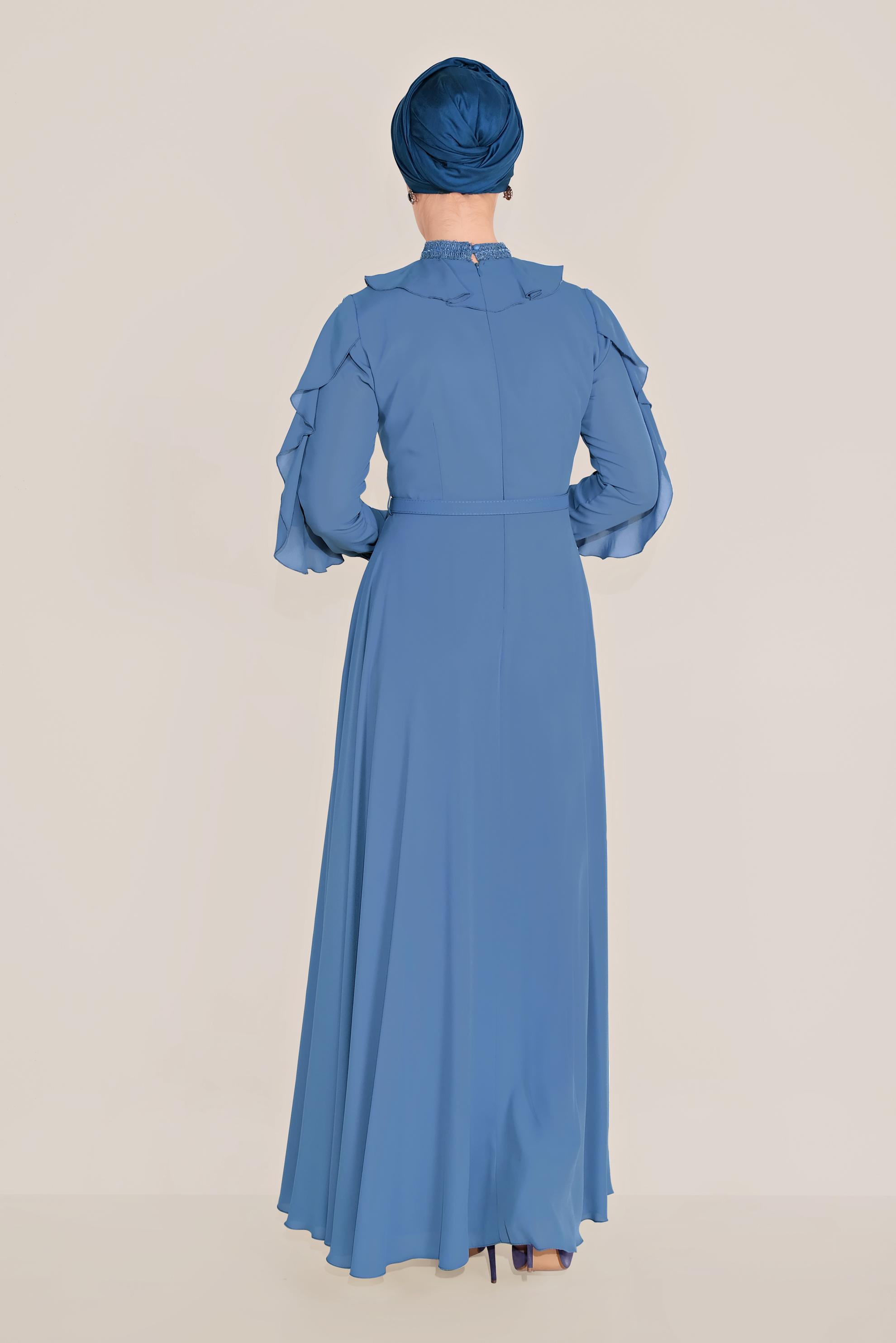 Tesettür giyim MAVİ FIRFIRLI BONCUK İŞLEME DETAYLI ELBİSE 40546