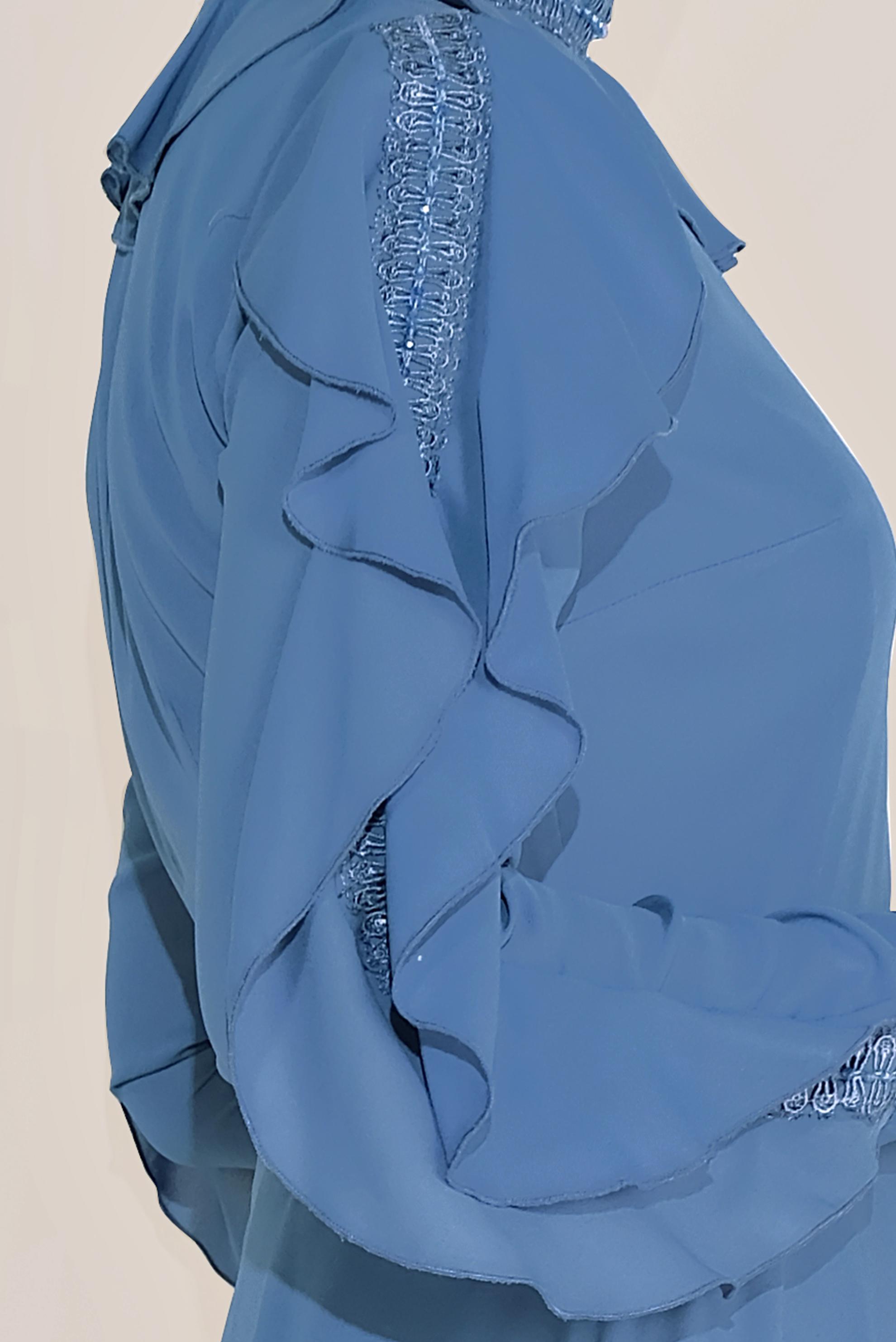 Tesettür giyim MAVİ FIRFIRLI BONCUK İŞLEME DETAYLI ELBİSE 40546