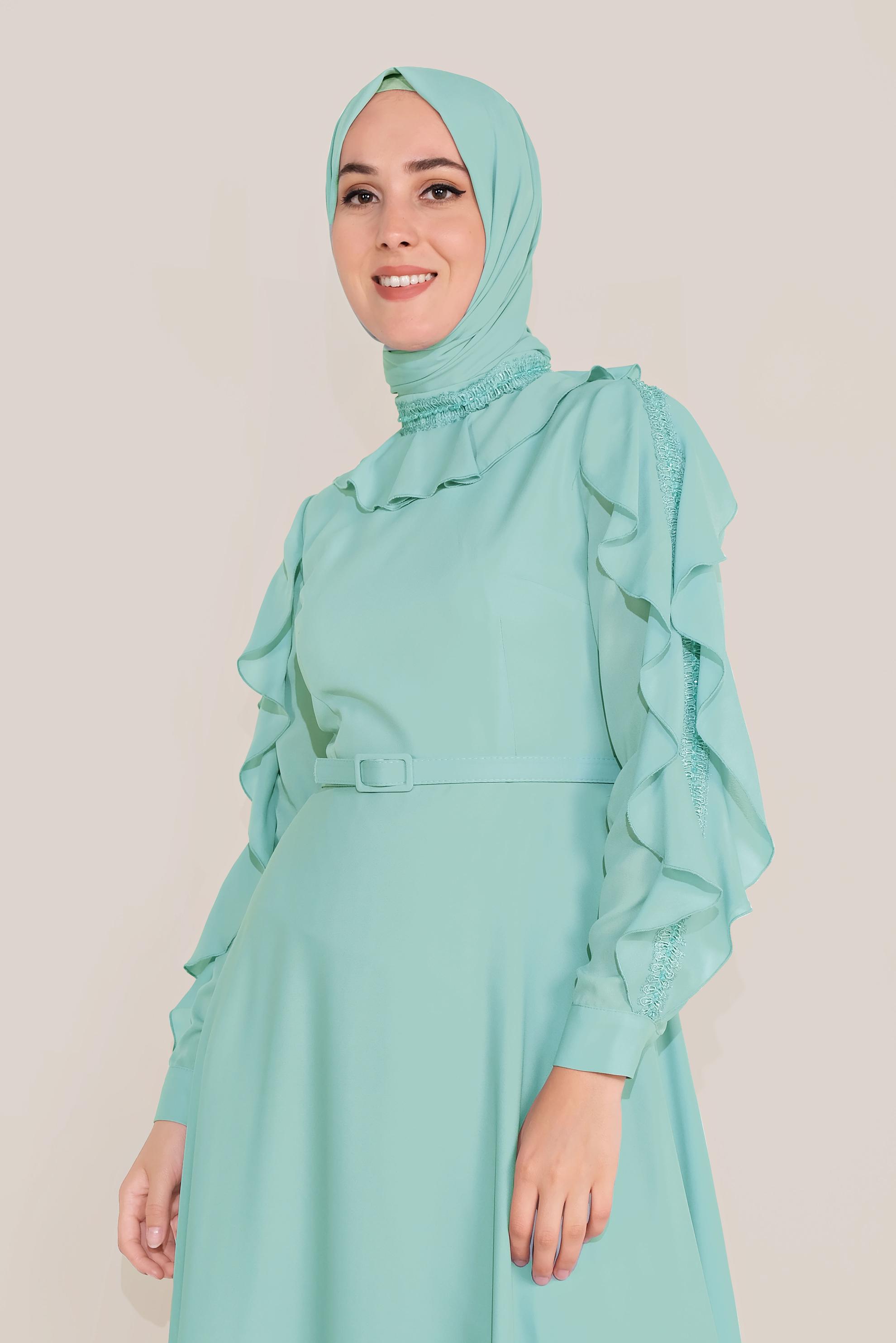 Tesettür giyim YEŞİL FIRFIRLI BONCUK İŞLEME DETAYLI ELBİSE 40546