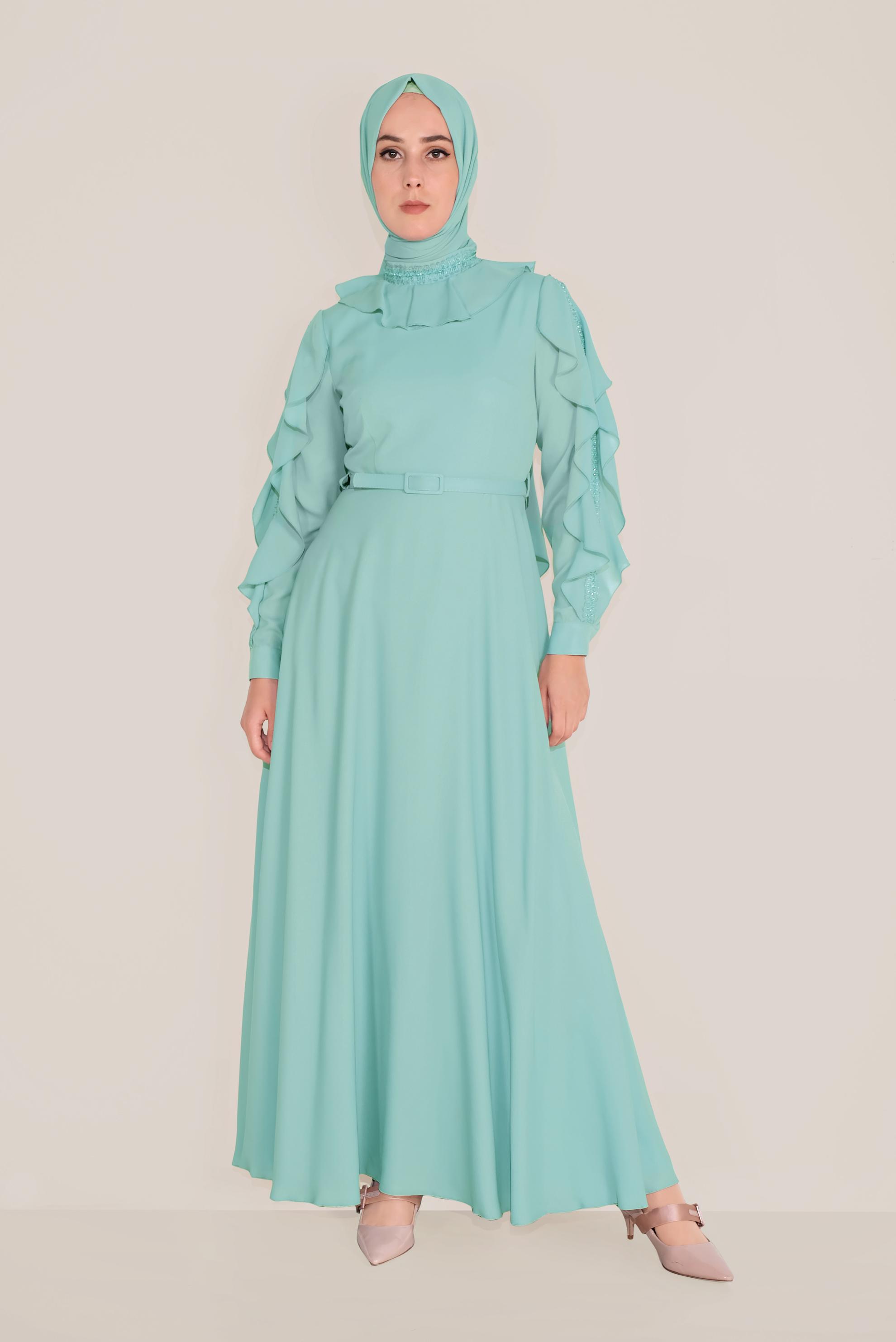 Tesettür giyim YEŞİL FIRFIRLI BONCUK İŞLEME DETAYLI ELBİSE 40546