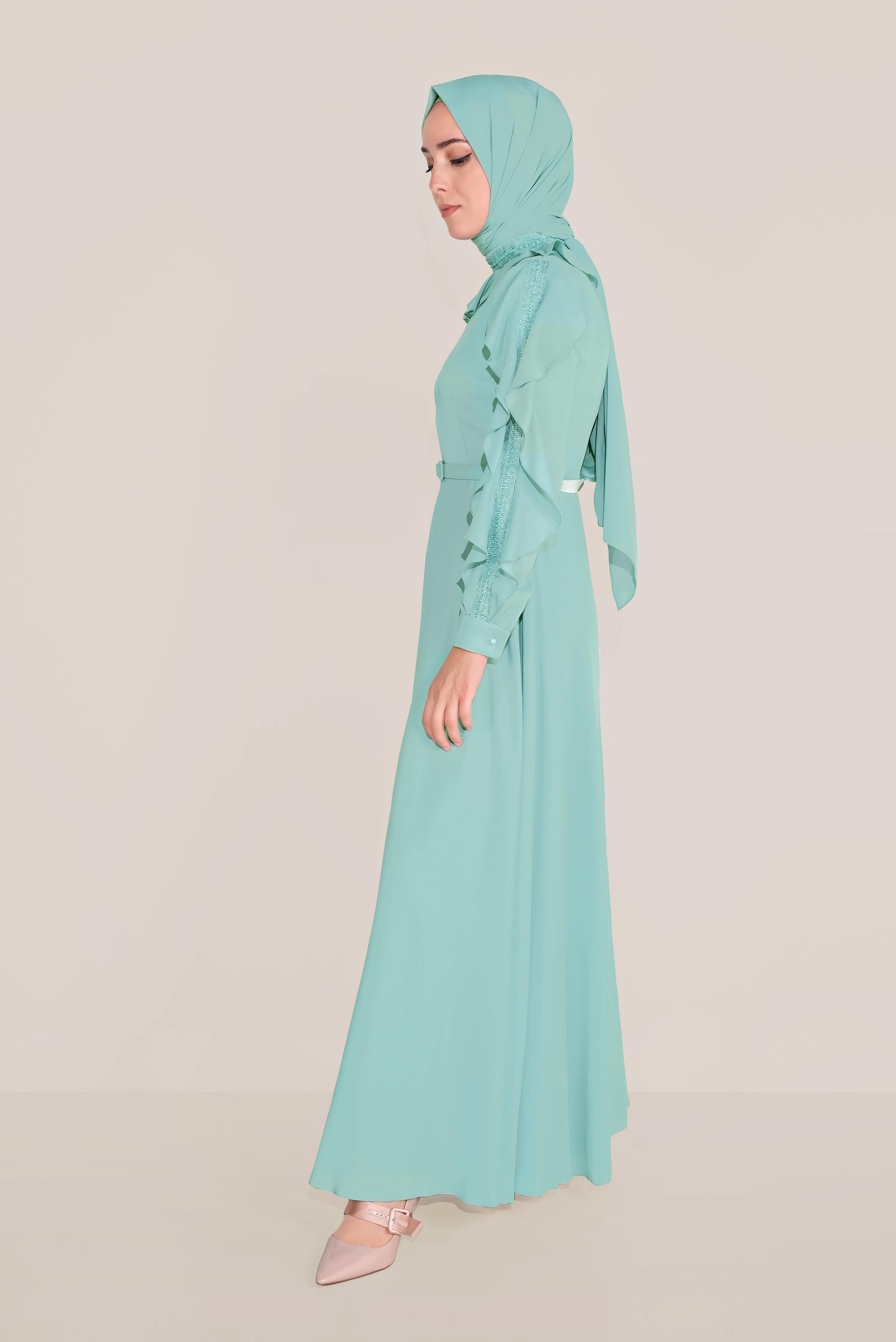 Tesettür giyim YEŞİL FIRFIRLI BONCUK İŞLEME DETAYLI ELBİSE 40546