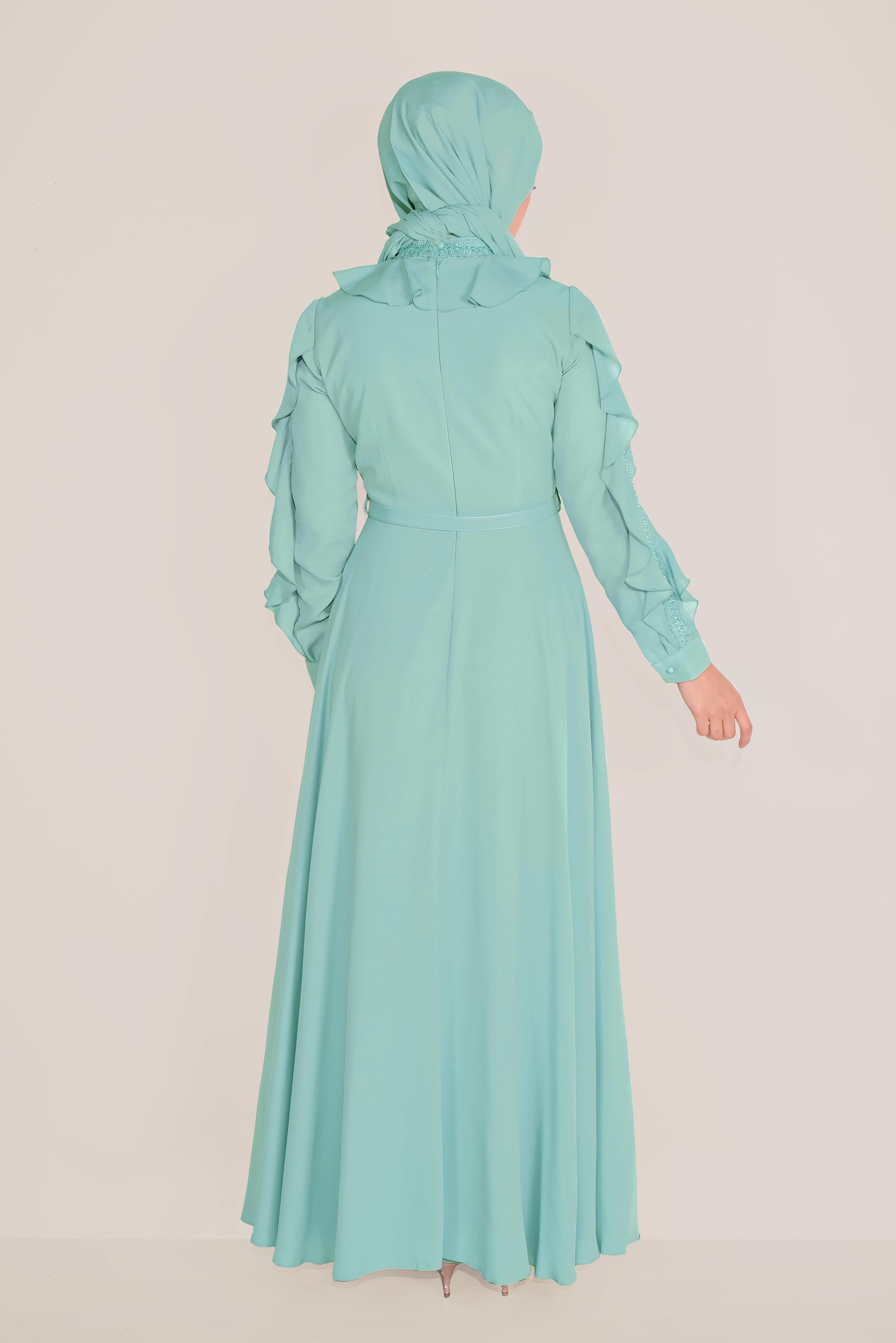 Tesettür giyim YEŞİL FIRFIRLI BONCUK İŞLEME DETAYLI ELBİSE 40546