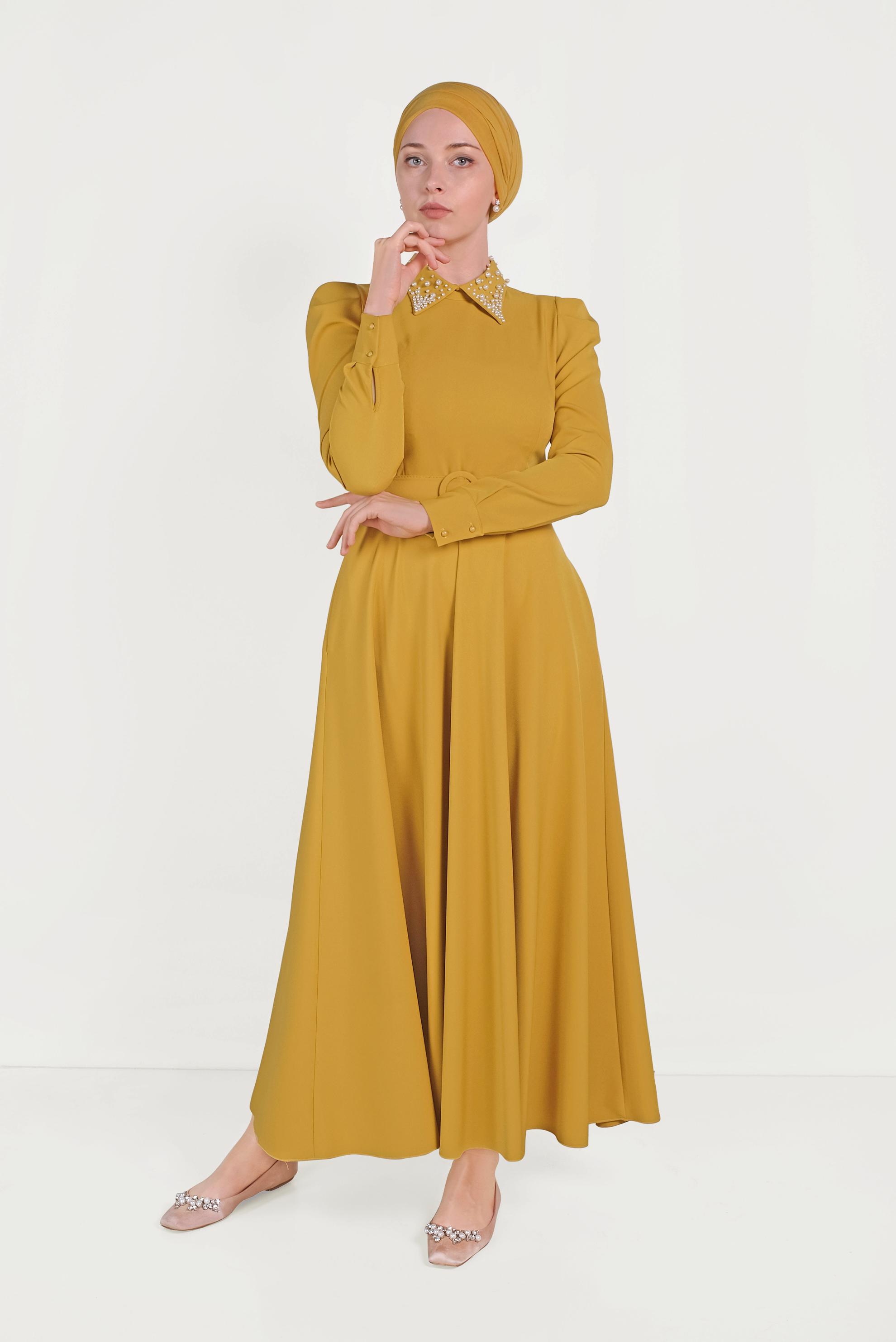 Tesettür giyim SARI YAKASI İNCİLİ ELBİSE 40559