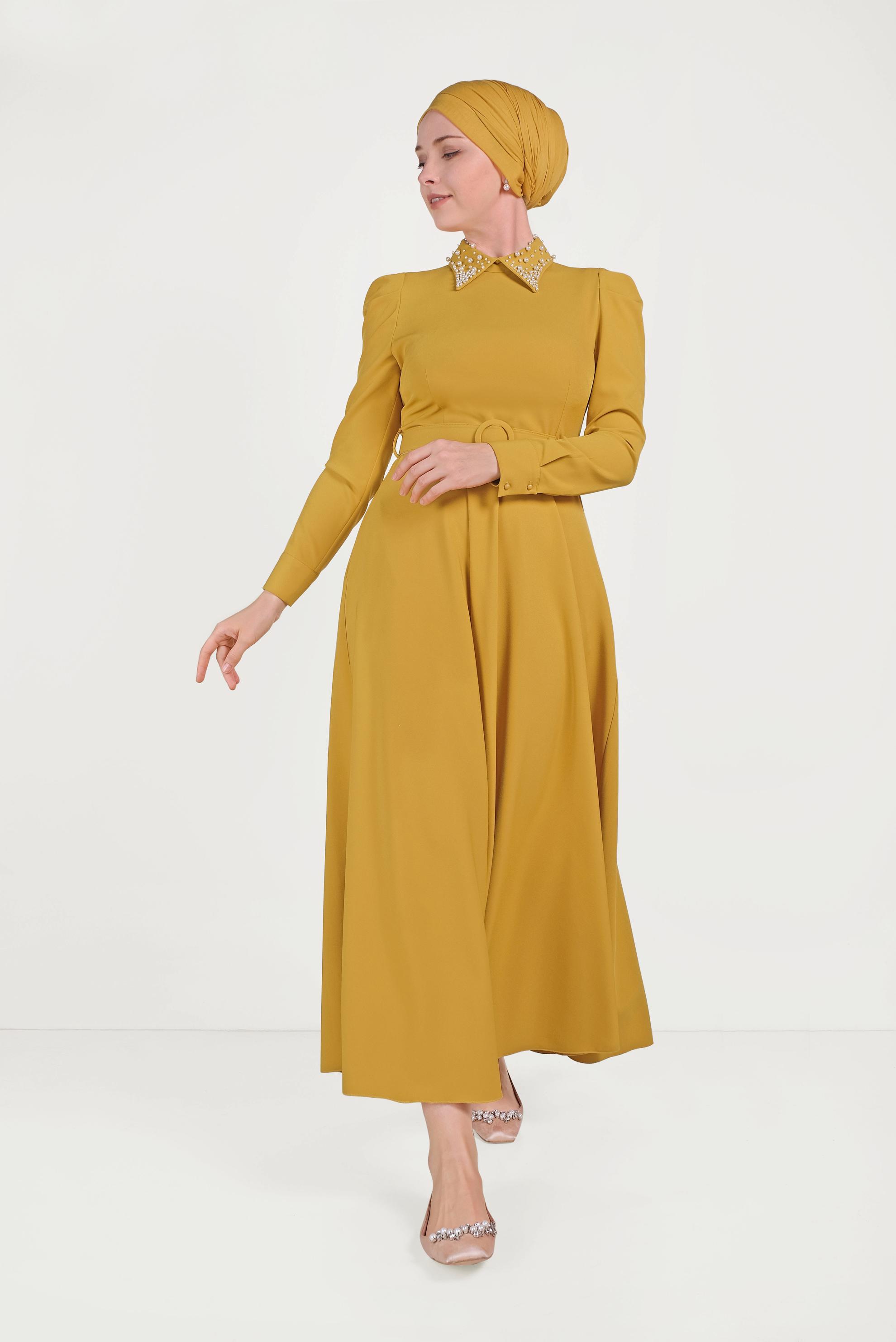 Tesettür giyim SARI YAKASI İNCİLİ ELBİSE 40559