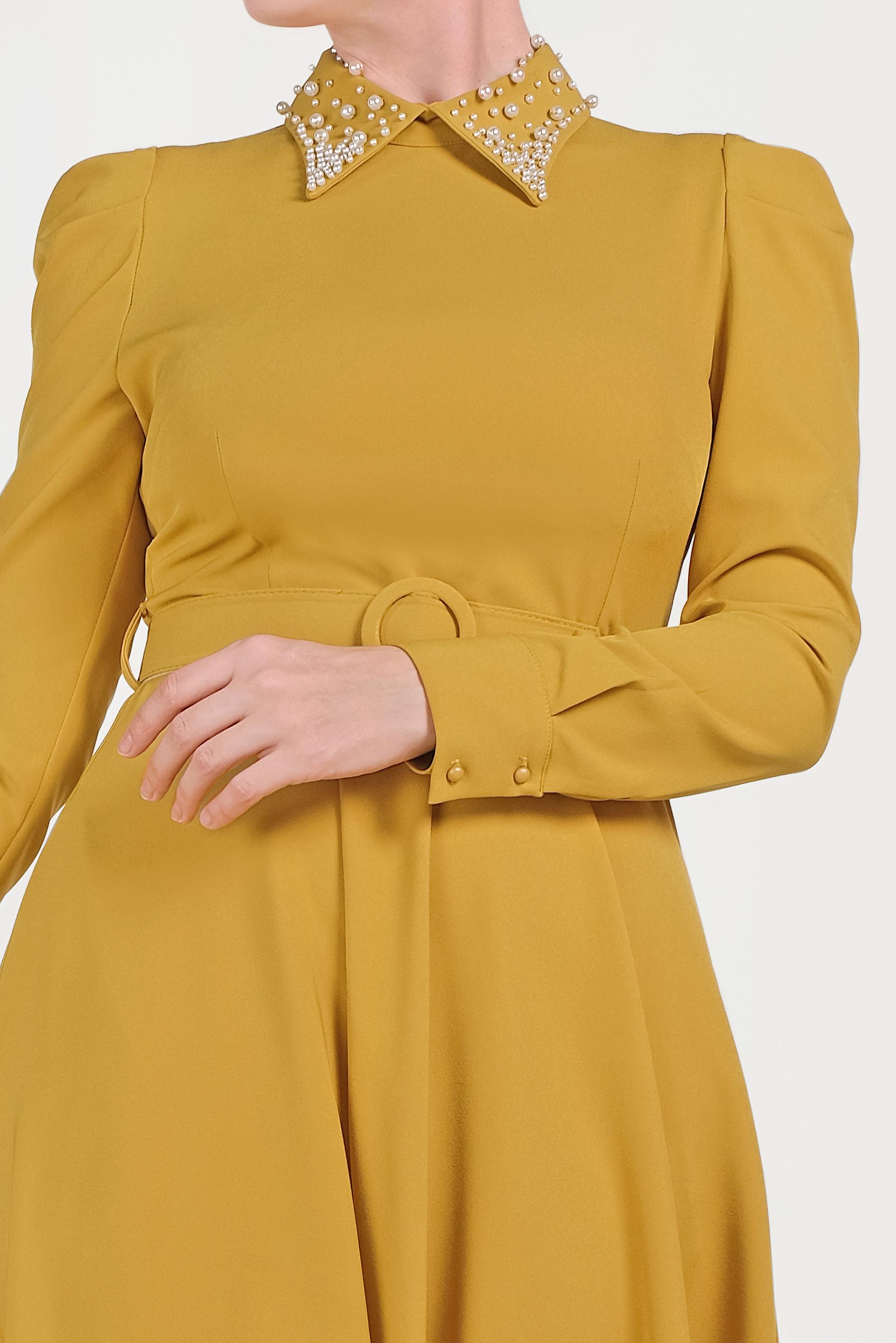 Tesettür giyim SARI YAKASI İNCİLİ ELBİSE 40559