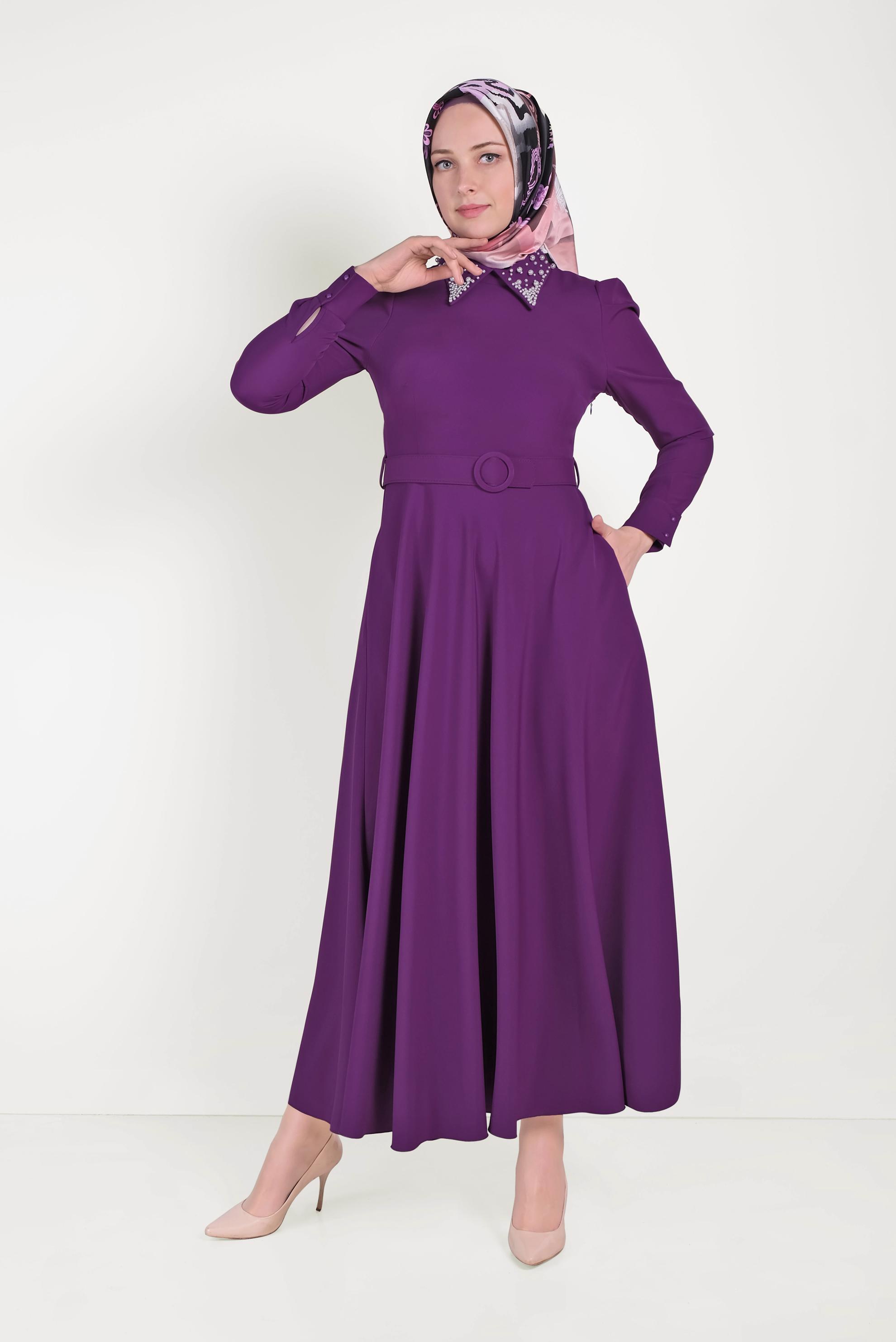 Hijab clothing PURPLE PEARL DETAIL DRESS 40559 