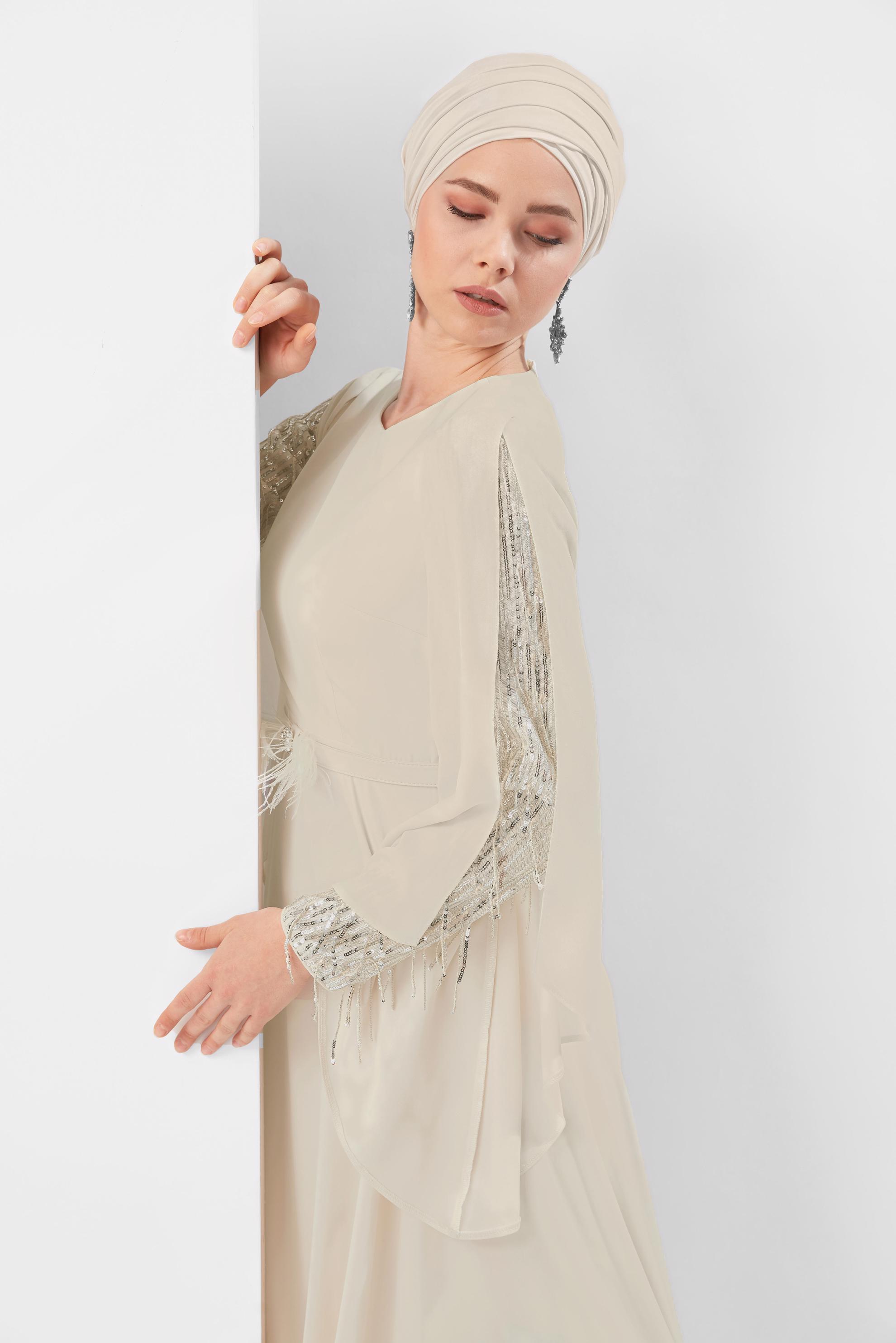 Tesettür giyim BEJ PUL PAYETLİ ELBİSE 40566