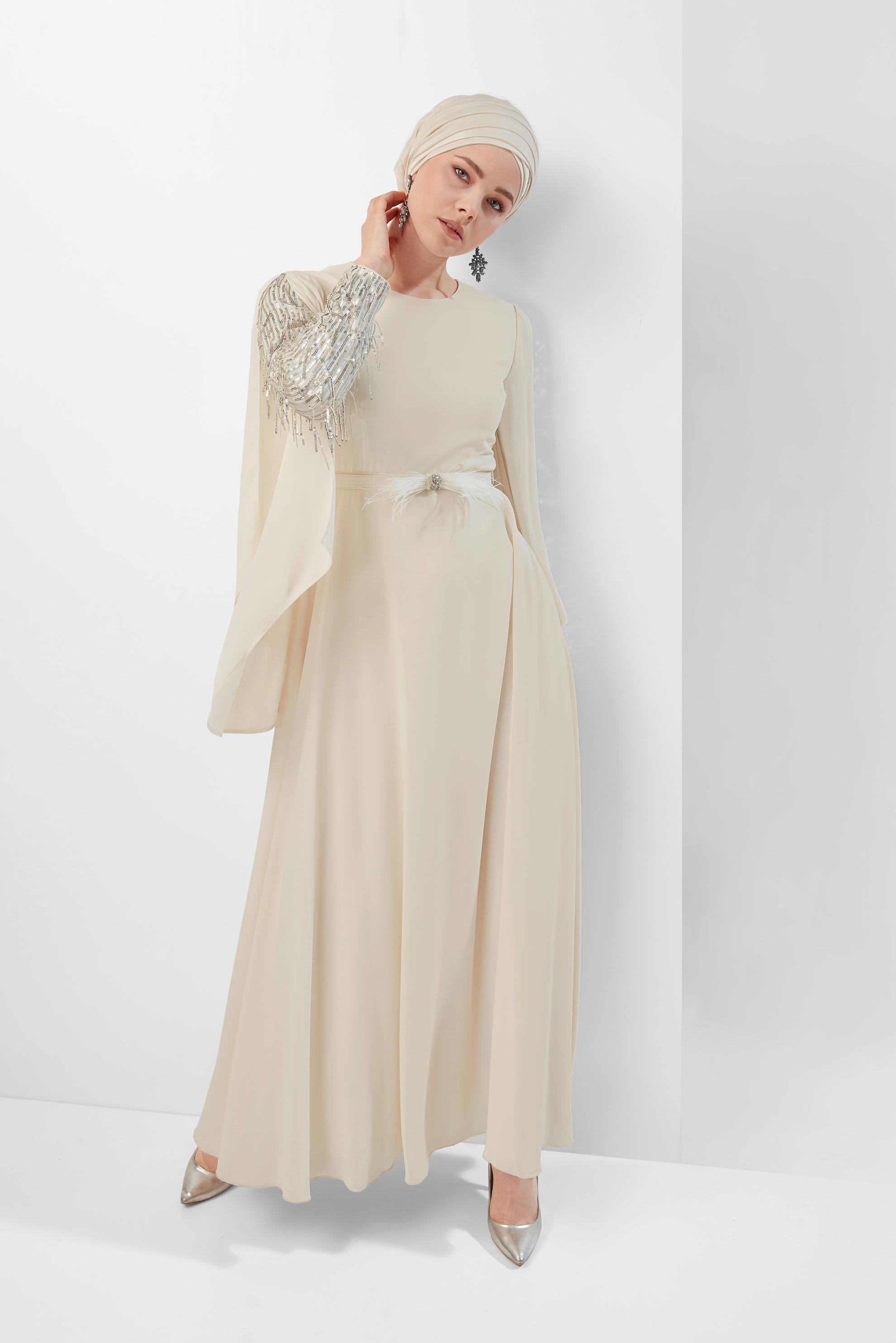 Tesettür giyim BEJ PUL PAYETLİ ELBİSE 40566