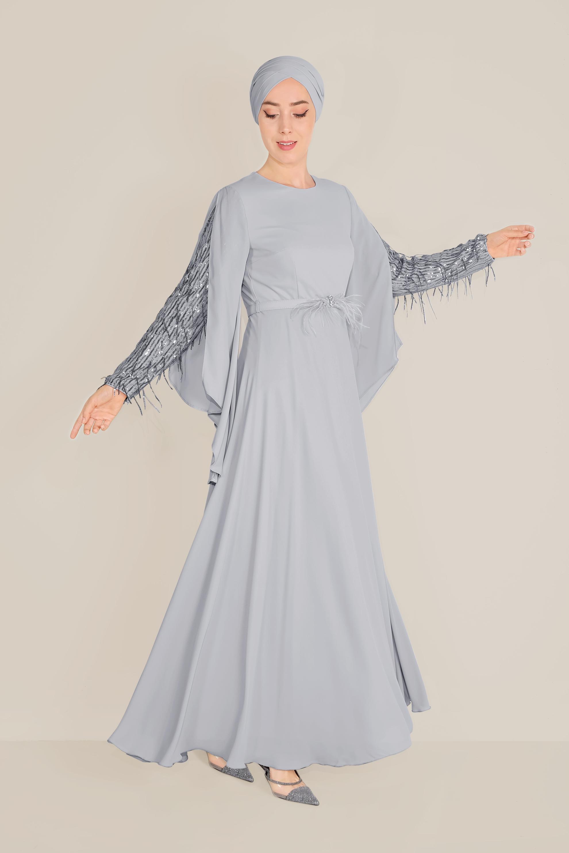 Tesettür giyim GRİ PUL PAYETLİ ELBİSE 40566