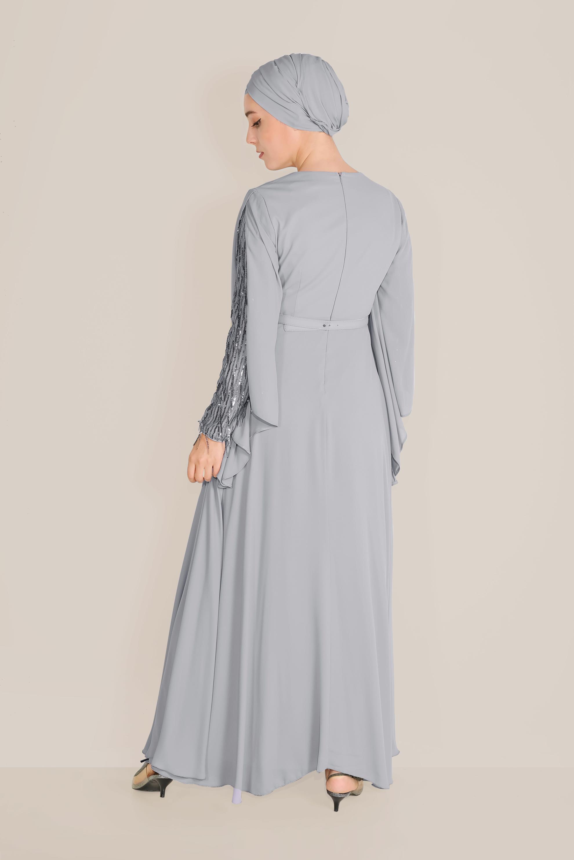 Tesettür giyim GRİ PUL PAYETLİ ELBİSE 40566