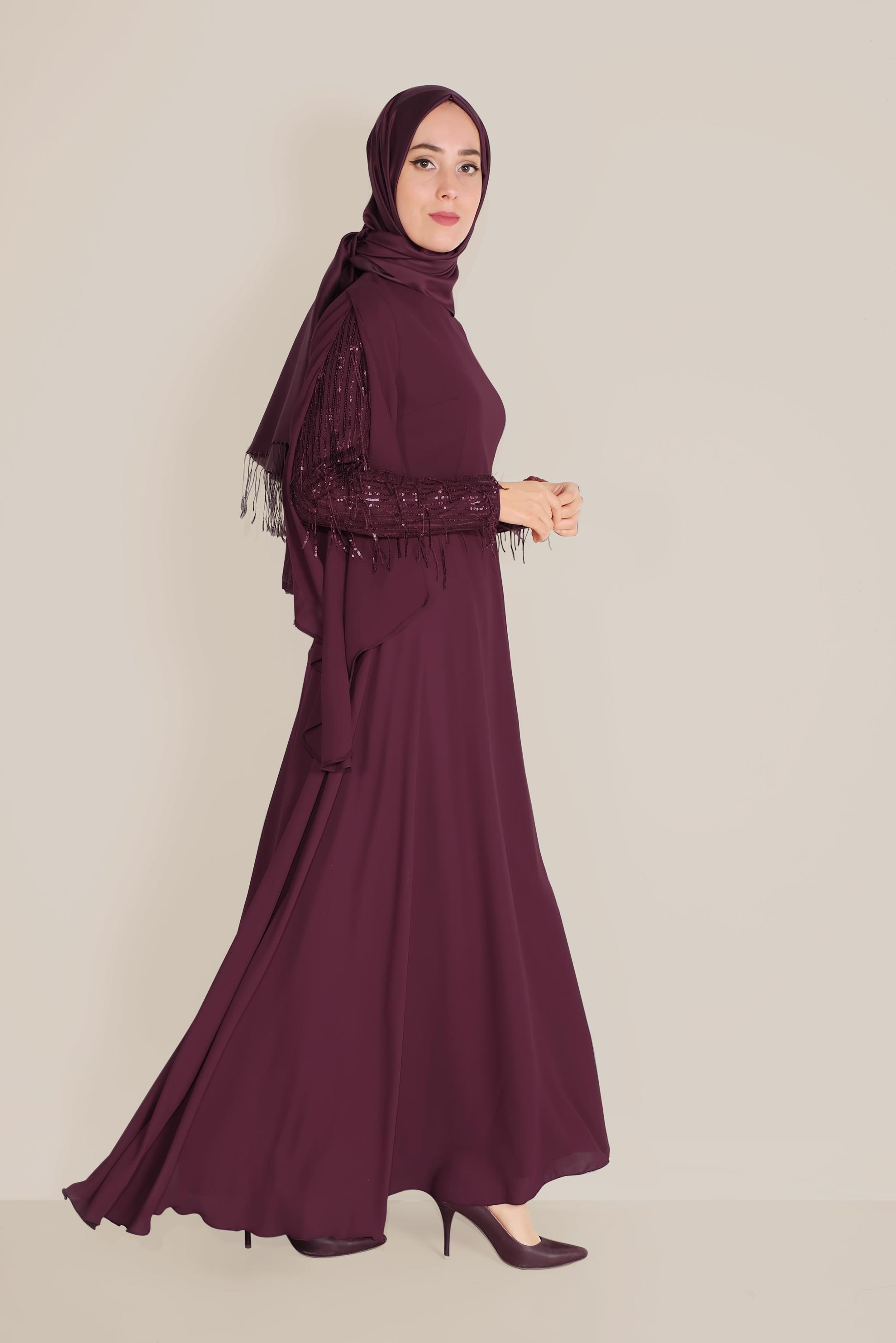 Tesettür giyim BORDO PUL PAYETLİ ELBİSE 40566