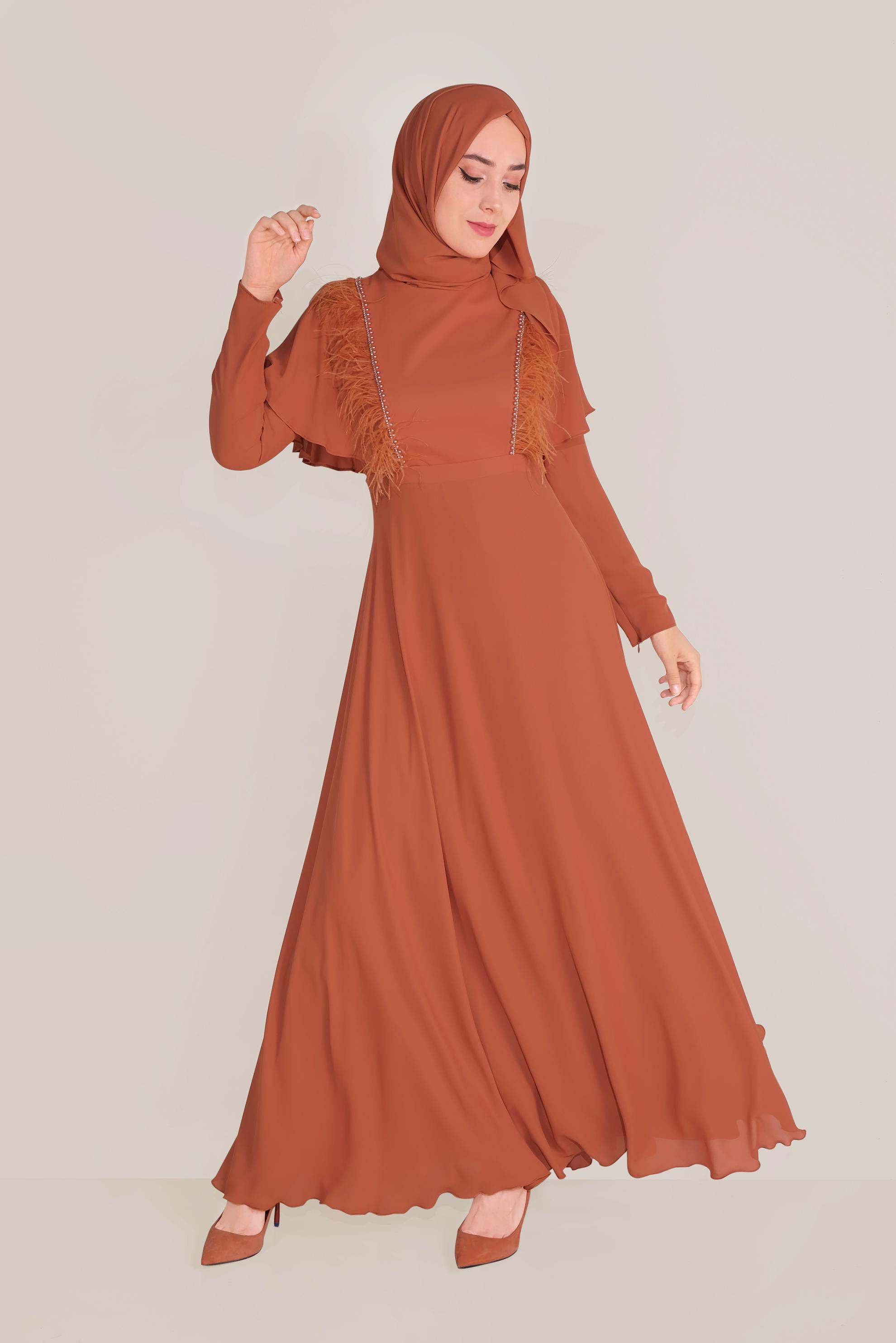 Tesettür giyim TABA VOLANLI VE TÜYLÜ ŞİFON ELBİSE 40567 