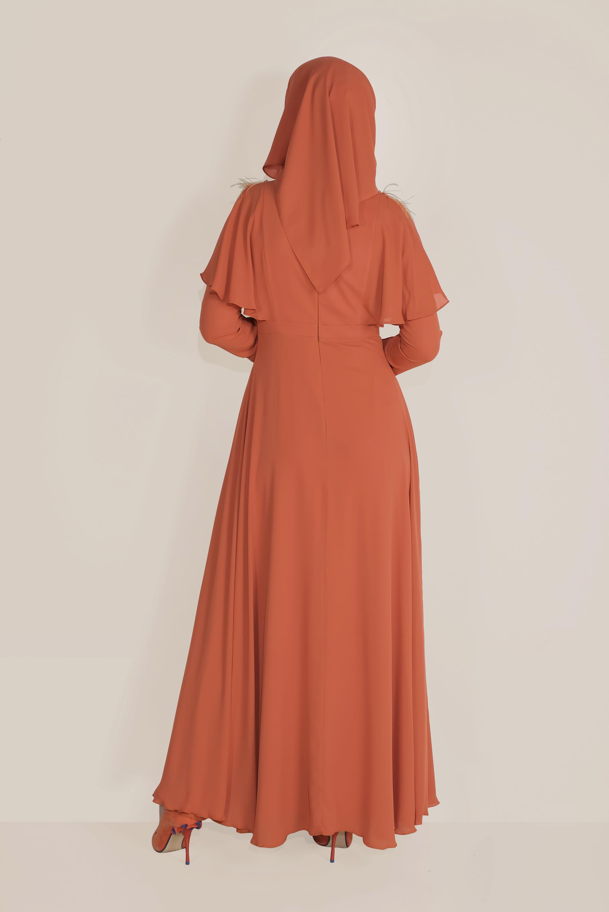 Tesettür giyim TABA VOLANLI VE TÜYLÜ ŞİFON ELBİSE 40567 