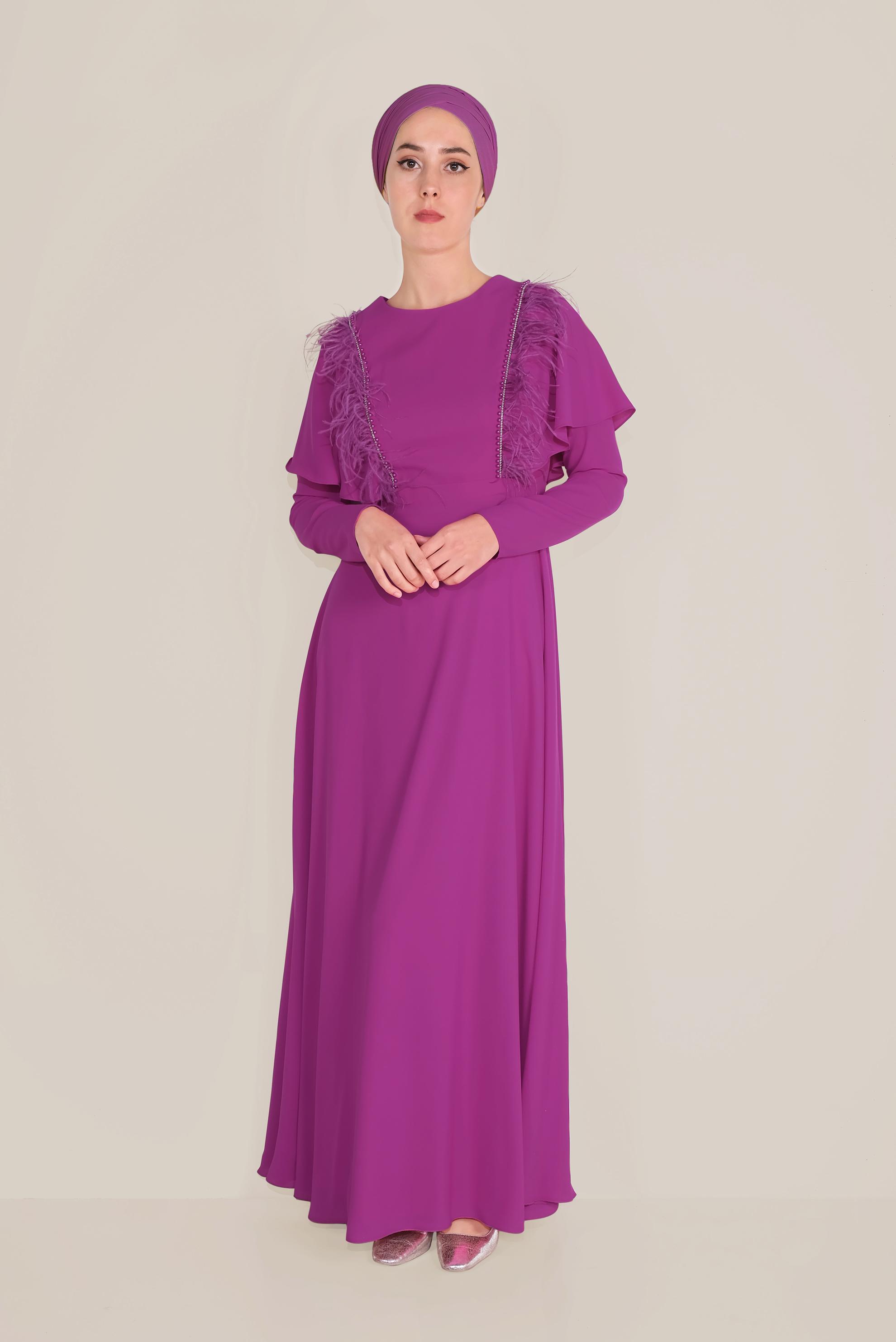 Tesettür giyim MOR VOLANLI VE TÜYLÜ ŞİFON ELBİSE 40567 