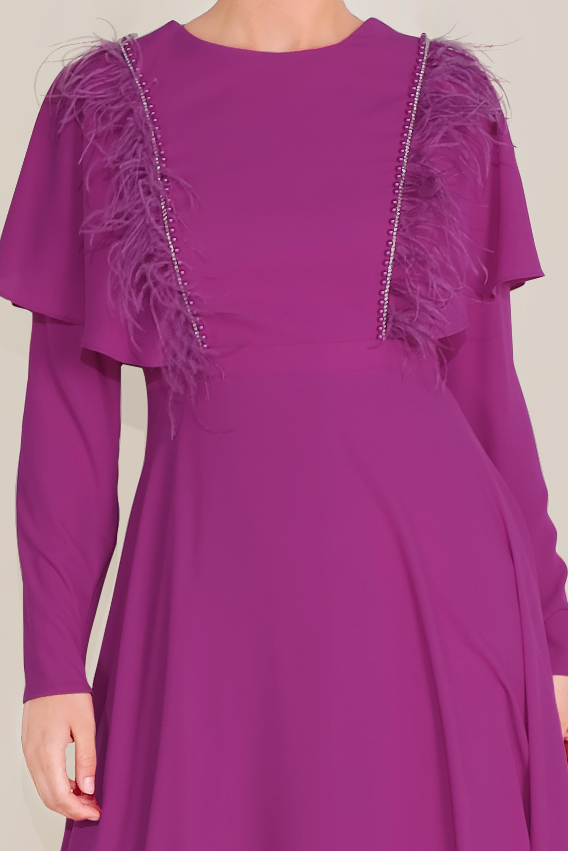Tesettür giyim MOR VOLANLI VE TÜYLÜ ŞİFON ELBİSE 40567 