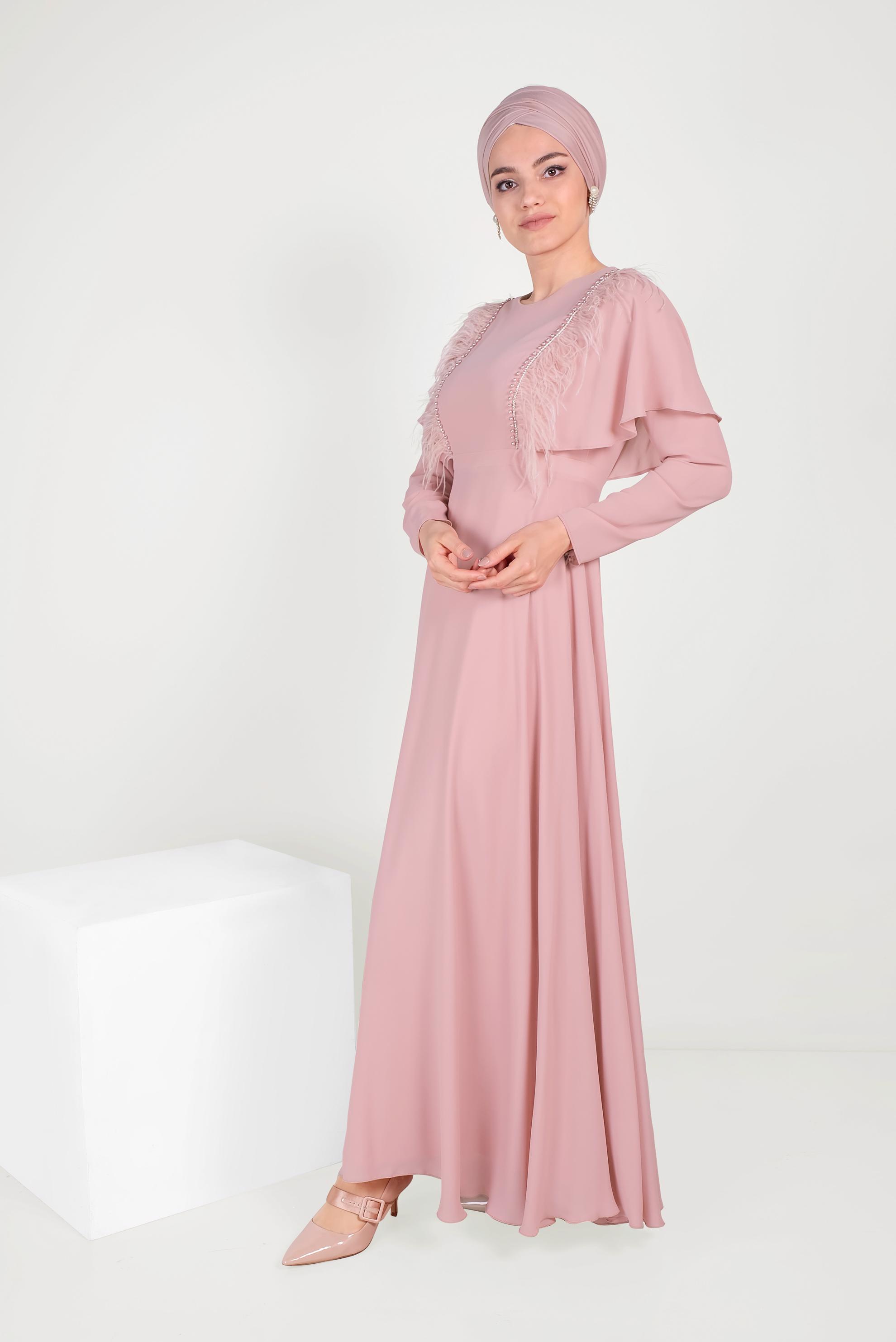Tesettür giyim PUDRA VOLANLI VE TÜYLÜ ŞİFON ELBİSE 40567 