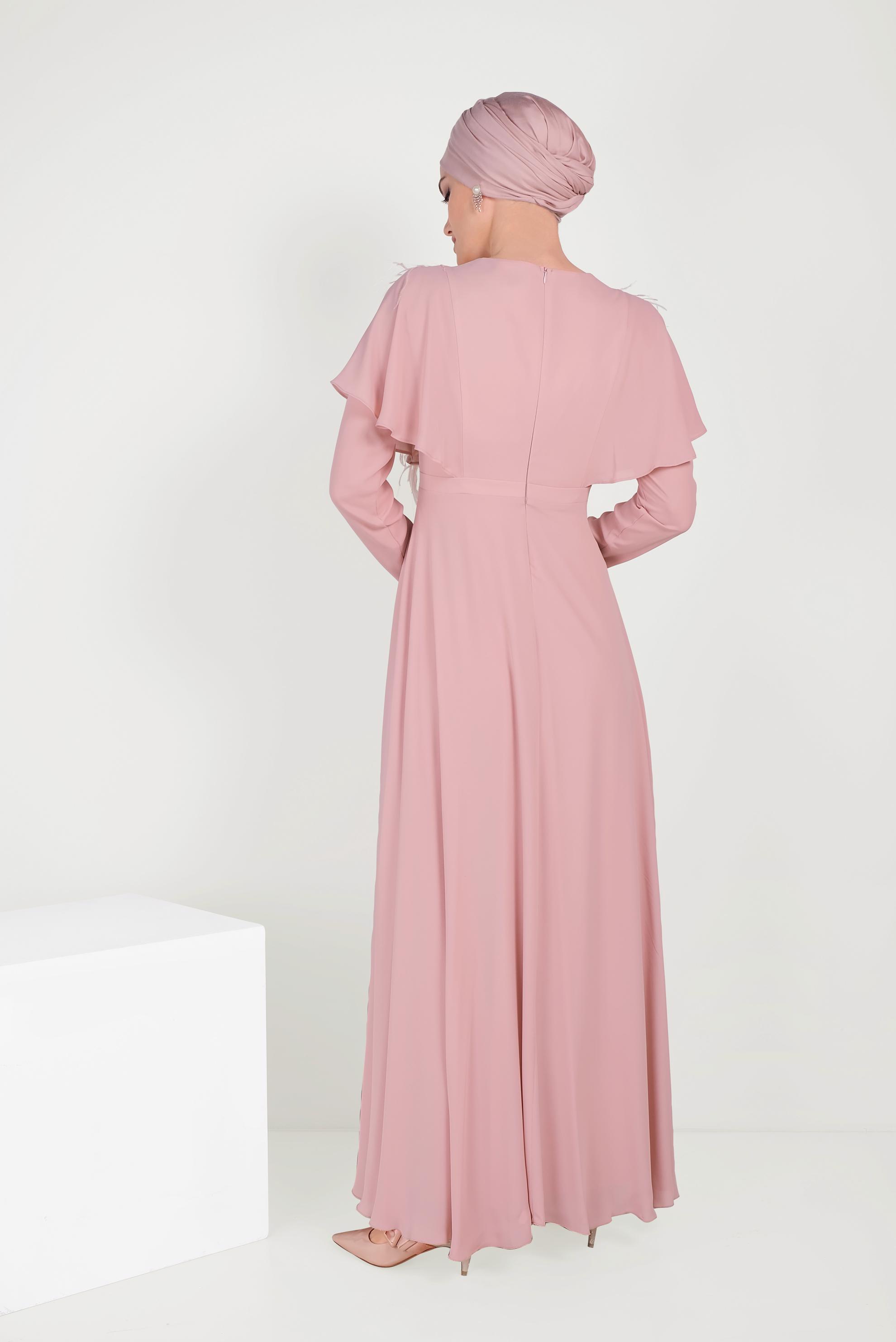 Tesettür giyim PUDRA VOLANLI VE TÜYLÜ ŞİFON ELBİSE 40567 