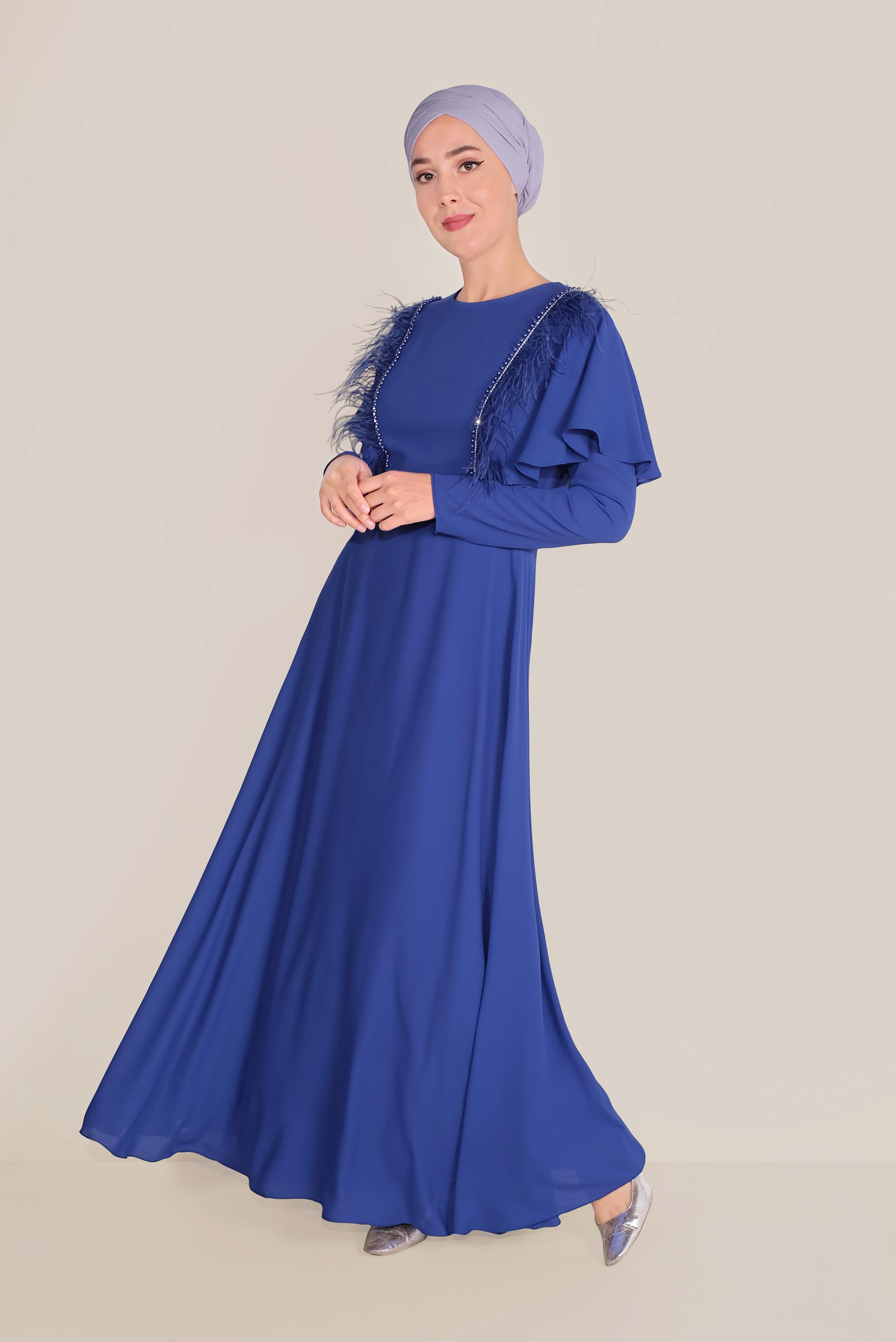 Tesettür giyim MAVİ VOLANLI VE TÜYLÜ ŞİFON ELBİSE 40567 