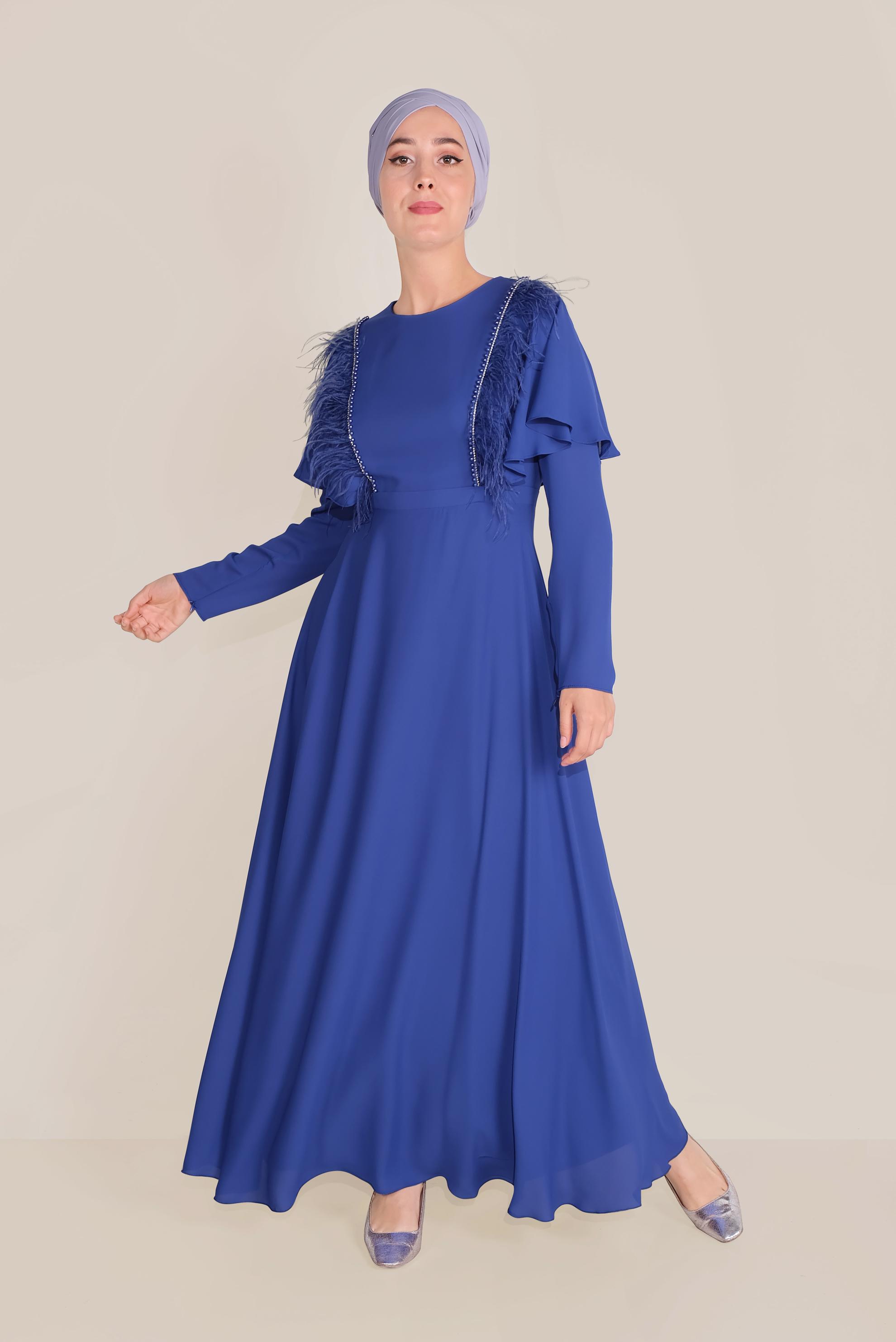 Tesettür giyim MAVİ VOLANLI VE TÜYLÜ ŞİFON ELBİSE 40567 