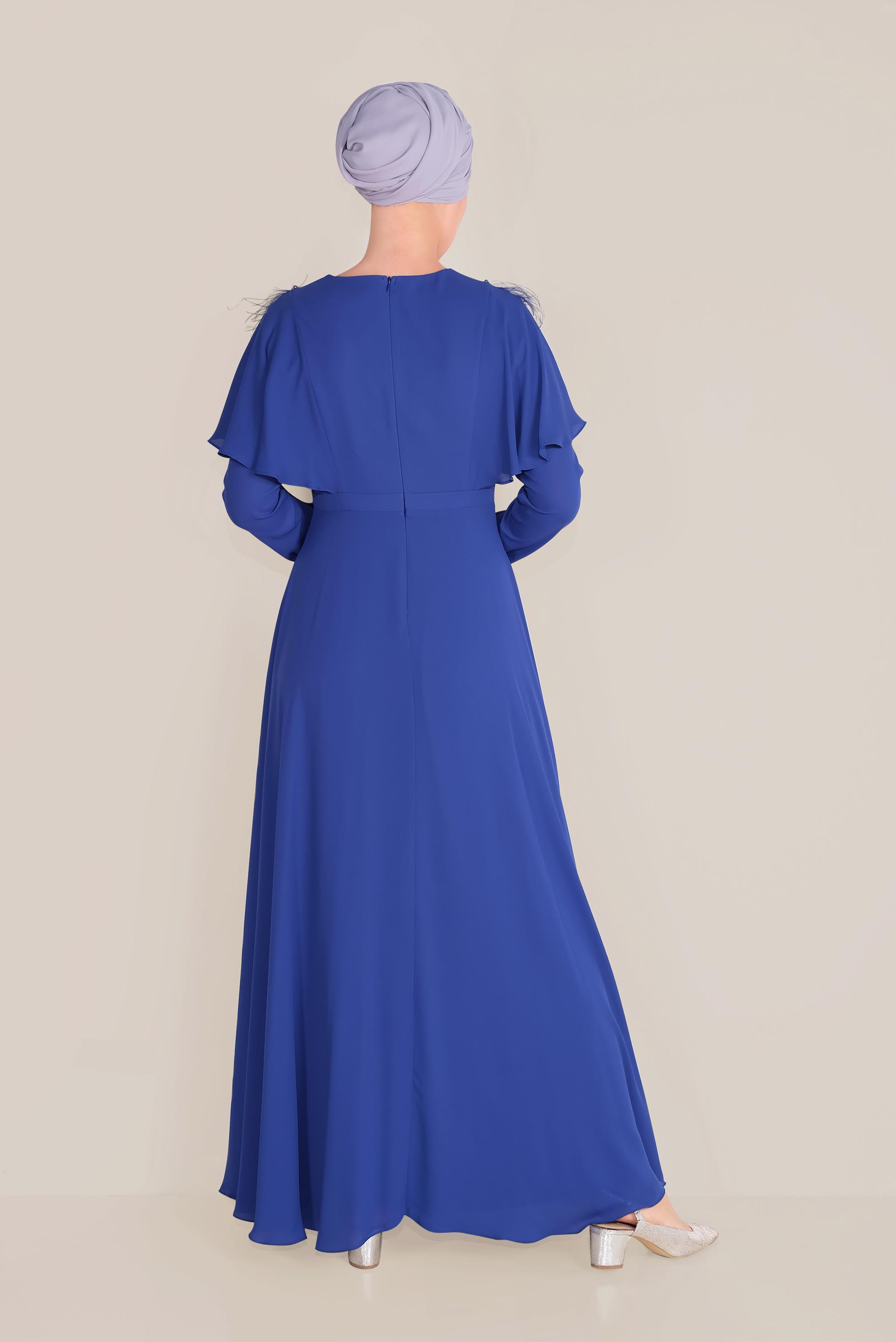 Tesettür giyim MAVİ VOLANLI VE TÜYLÜ ŞİFON ELBİSE 40567 