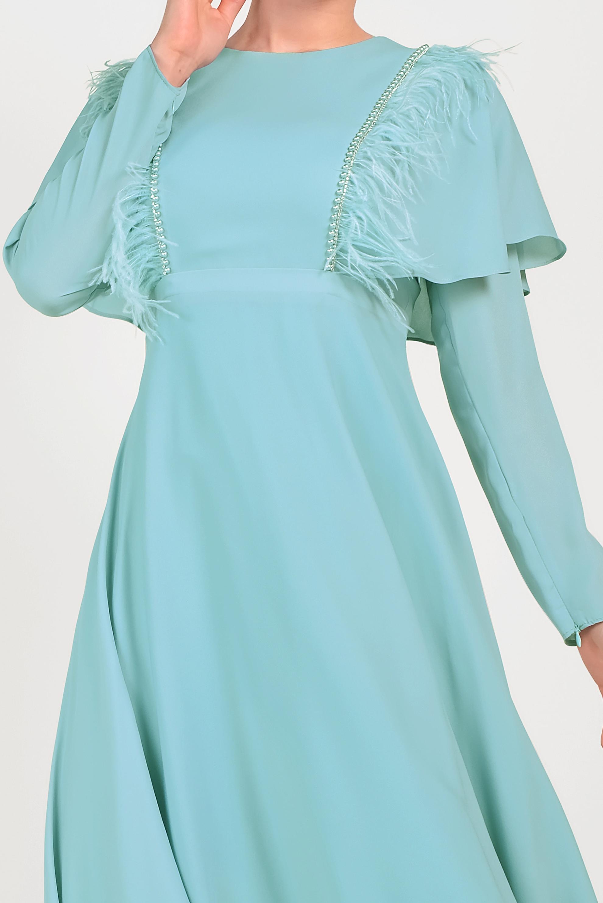 Tesettür giyim YEŞİL VOLANLI VE TÜYLÜ ŞİFON ELBİSE 40567 