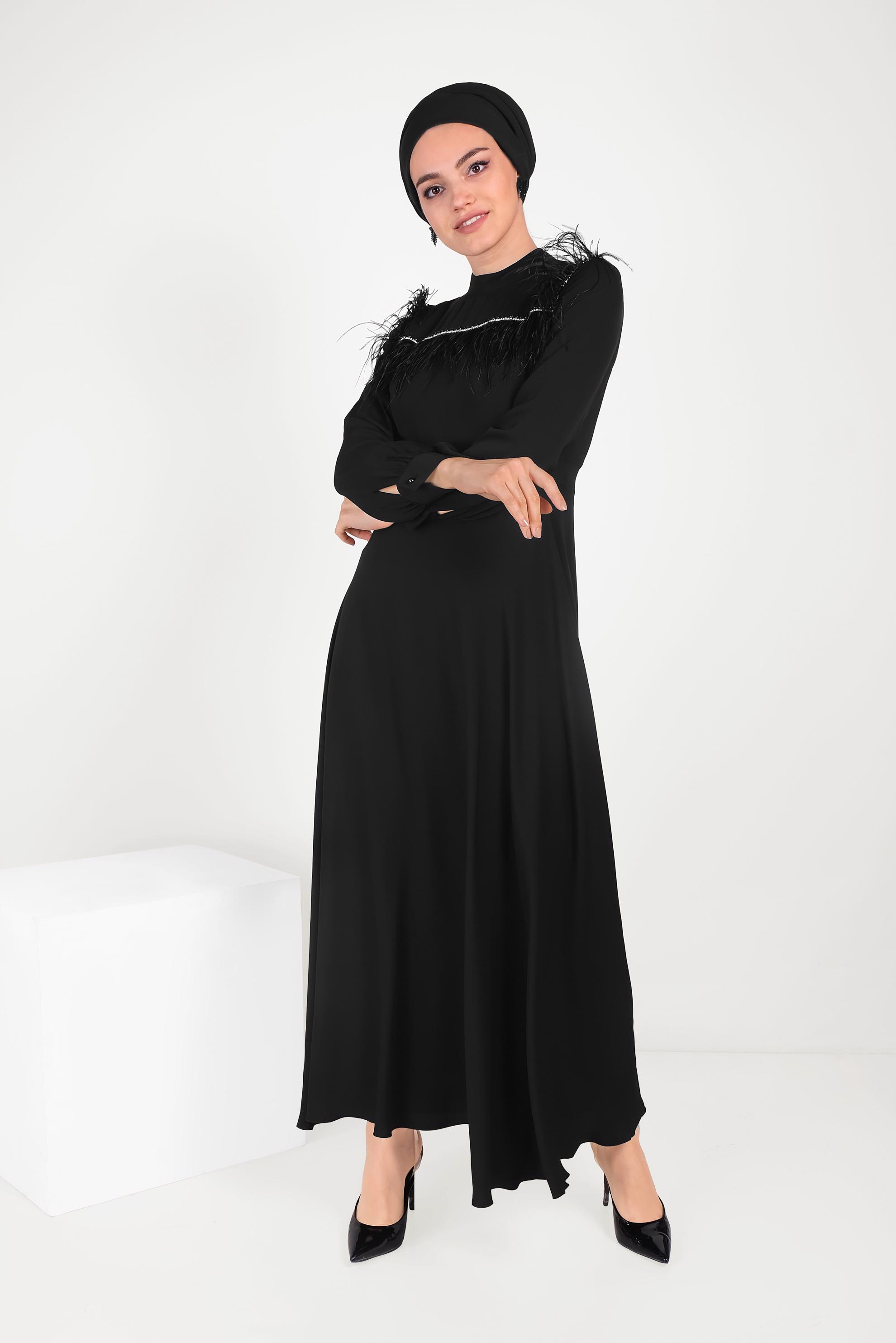 Tesettür giyim SİYAH İNCİ VE TÜYLÜ ELBİSE 40568