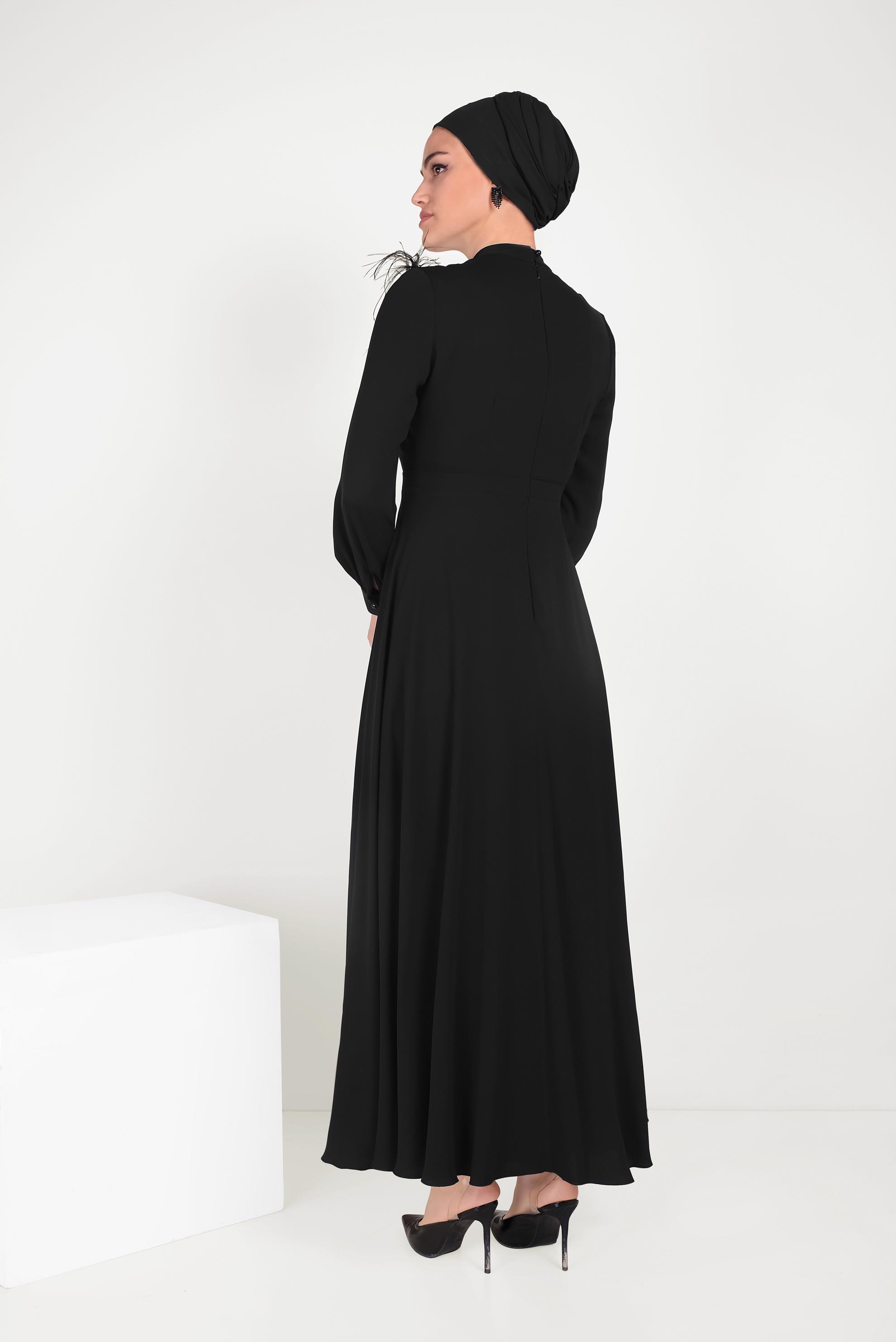 Tesettür giyim SİYAH İNCİ VE TÜYLÜ ELBİSE 40568