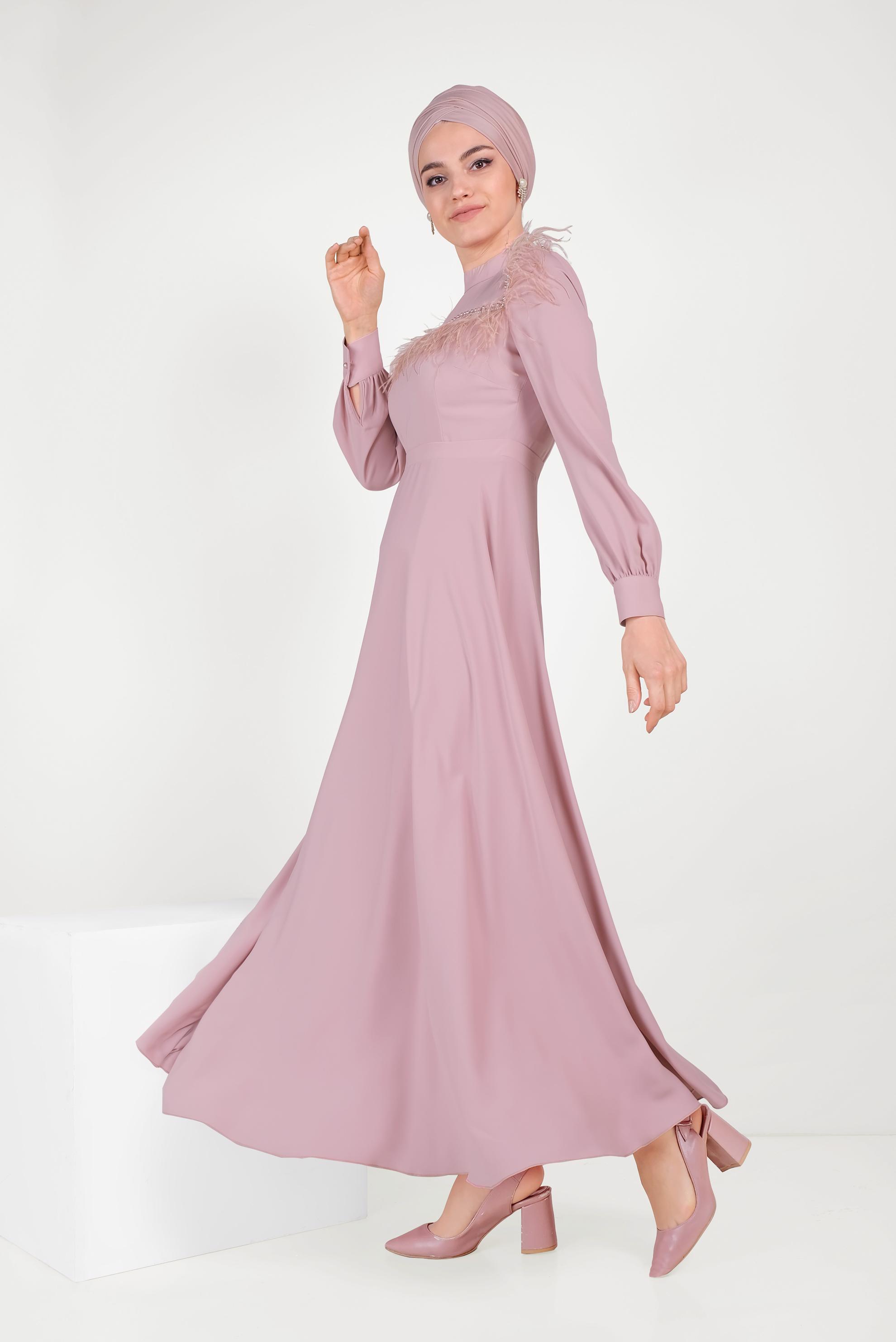 Tesettür giyim PUDRA İNCİ VE TÜYLÜ ELBİSE 40568