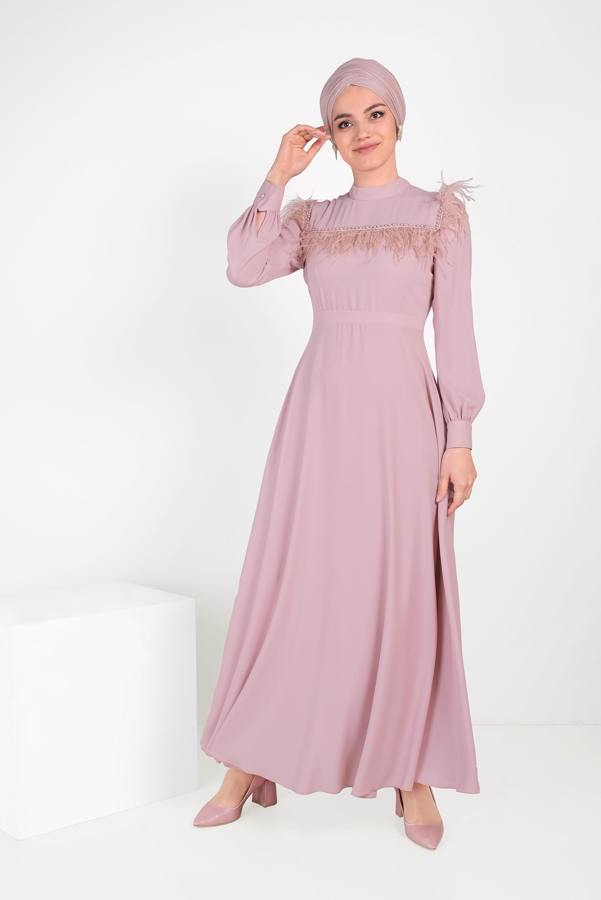 Tesettür giyim PUDRA İNCİ VE TÜYLÜ ELBİSE 40568