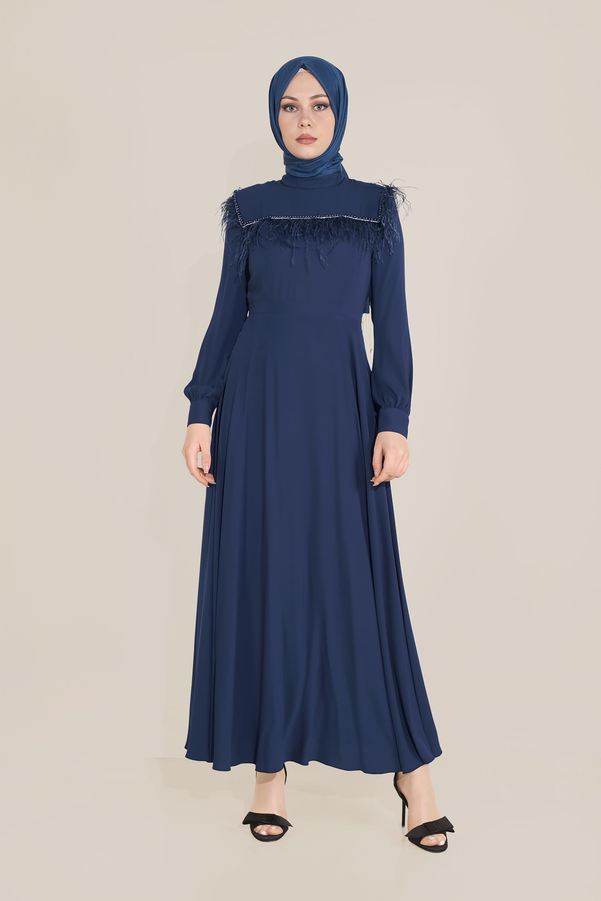Tesettür giyim LACİVERT İNCİ VE TÜYLÜ ELBİSE 40568