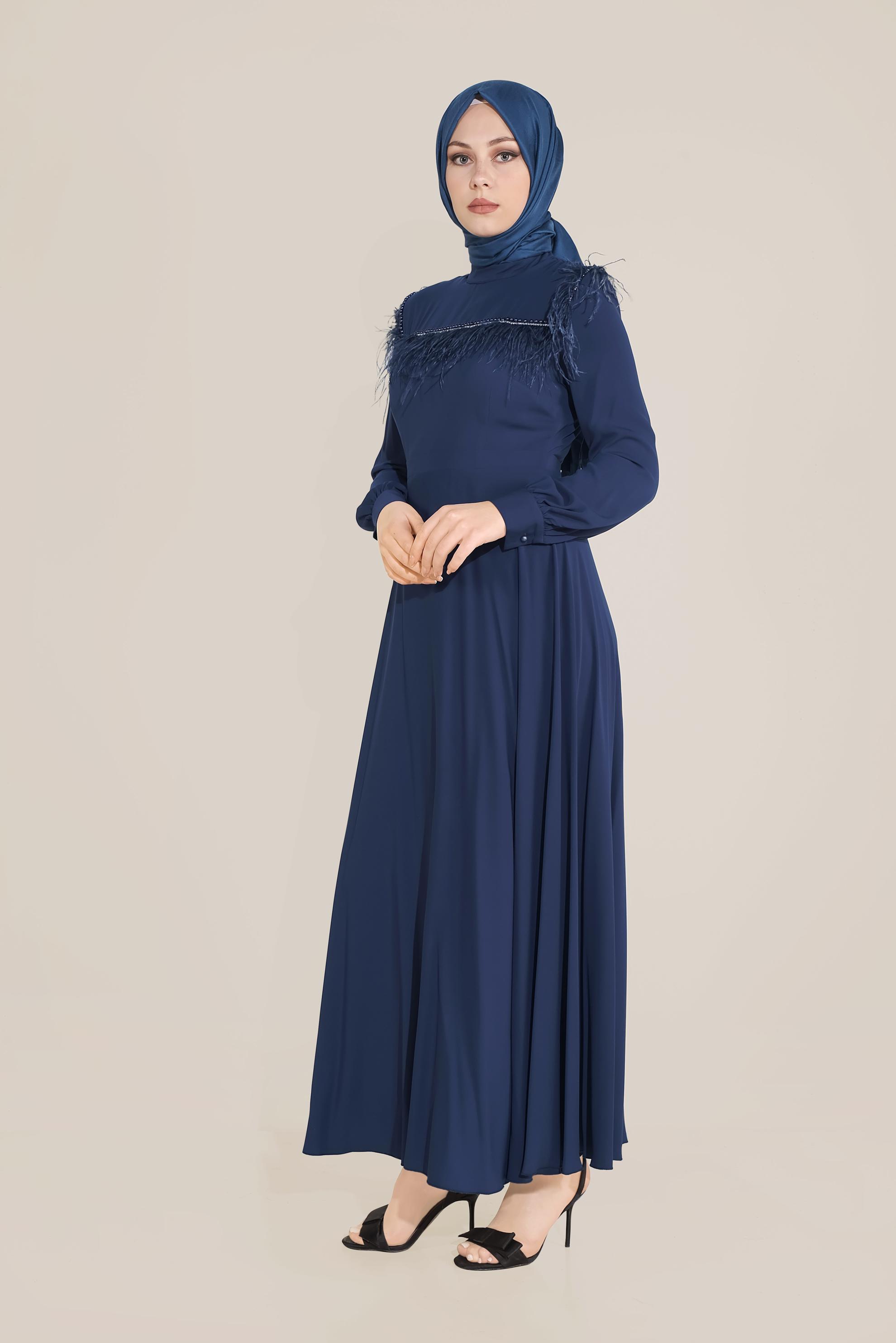 Tesettür giyim LACİVERT İNCİ VE TÜYLÜ ELBİSE 40568